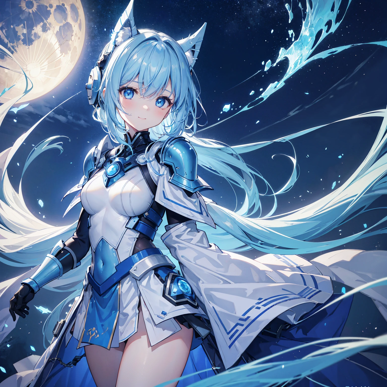 8k, highest quality, (real:1.4), Original photo, 1 girl, Asari Hair, Biological Amplifier, refined armor, posture: Peace talks between warring factions, smart blue eyes,A modest smile、Blue big moon and blue light swirl in the background、Blue light from behind、blue light magic
