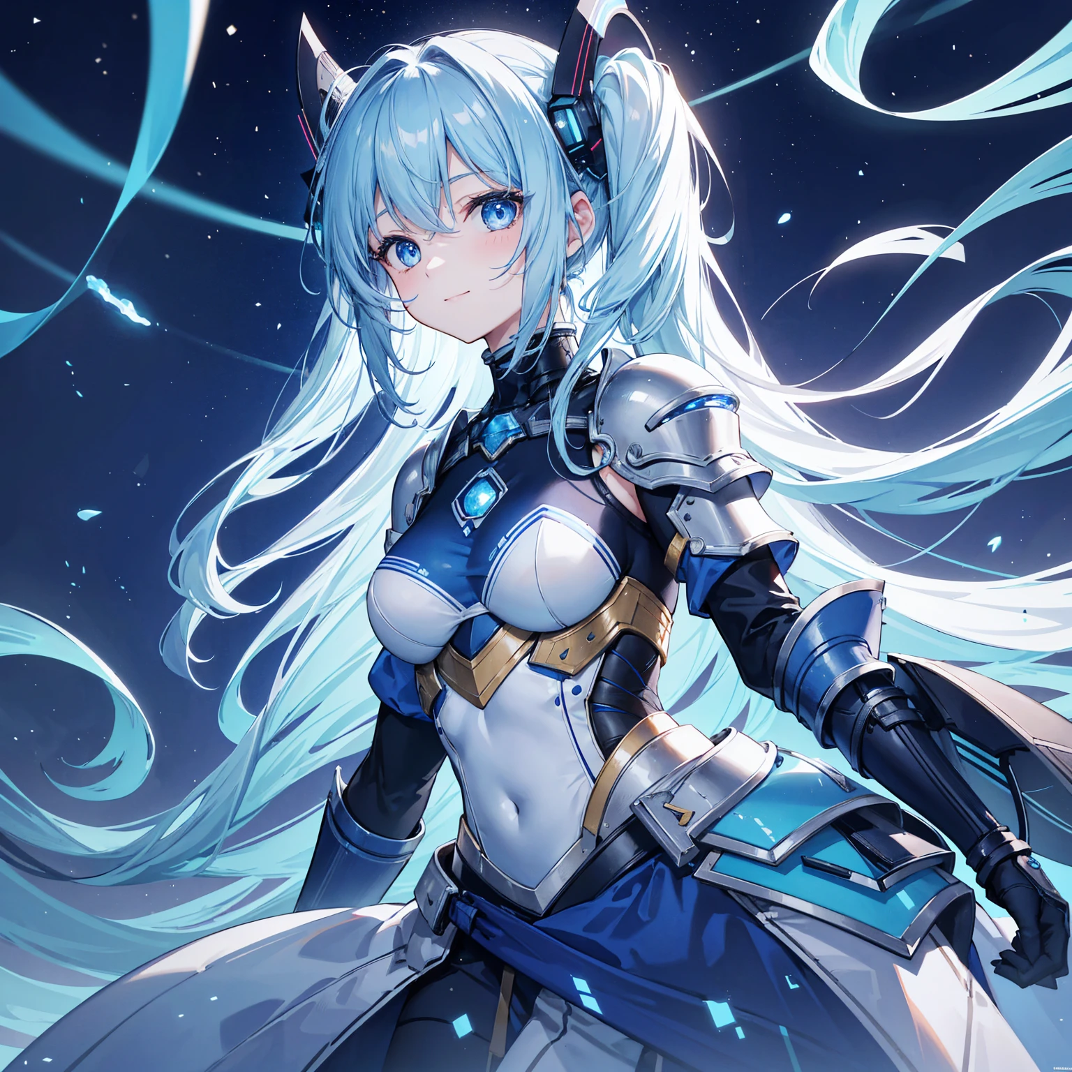 8k, highest quality, (real:1.4), Original photo, 1 girl, Asari Hair, Biological Amplifier, refined armor, posture: Peace talks between warring factions, smart blue eyes,A modest smile、Blue big moon and blue light swirl in the background、Blue light from behind、blue light magic