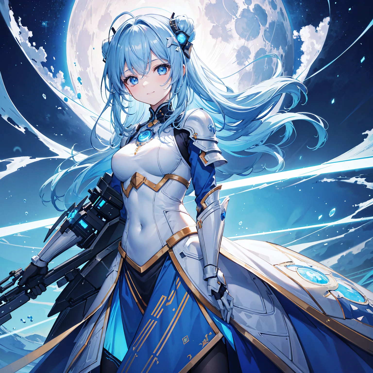 8k, highest quality, (real:1.4), Original photo, 1 girl, Asari Hair, Biological Amplifier, refined armor, posture: Peace talks between warring factions, smart blue eyes,A modest smile、Blue big moon and blue light swirl in the background、Blue light from behind、blue light magic