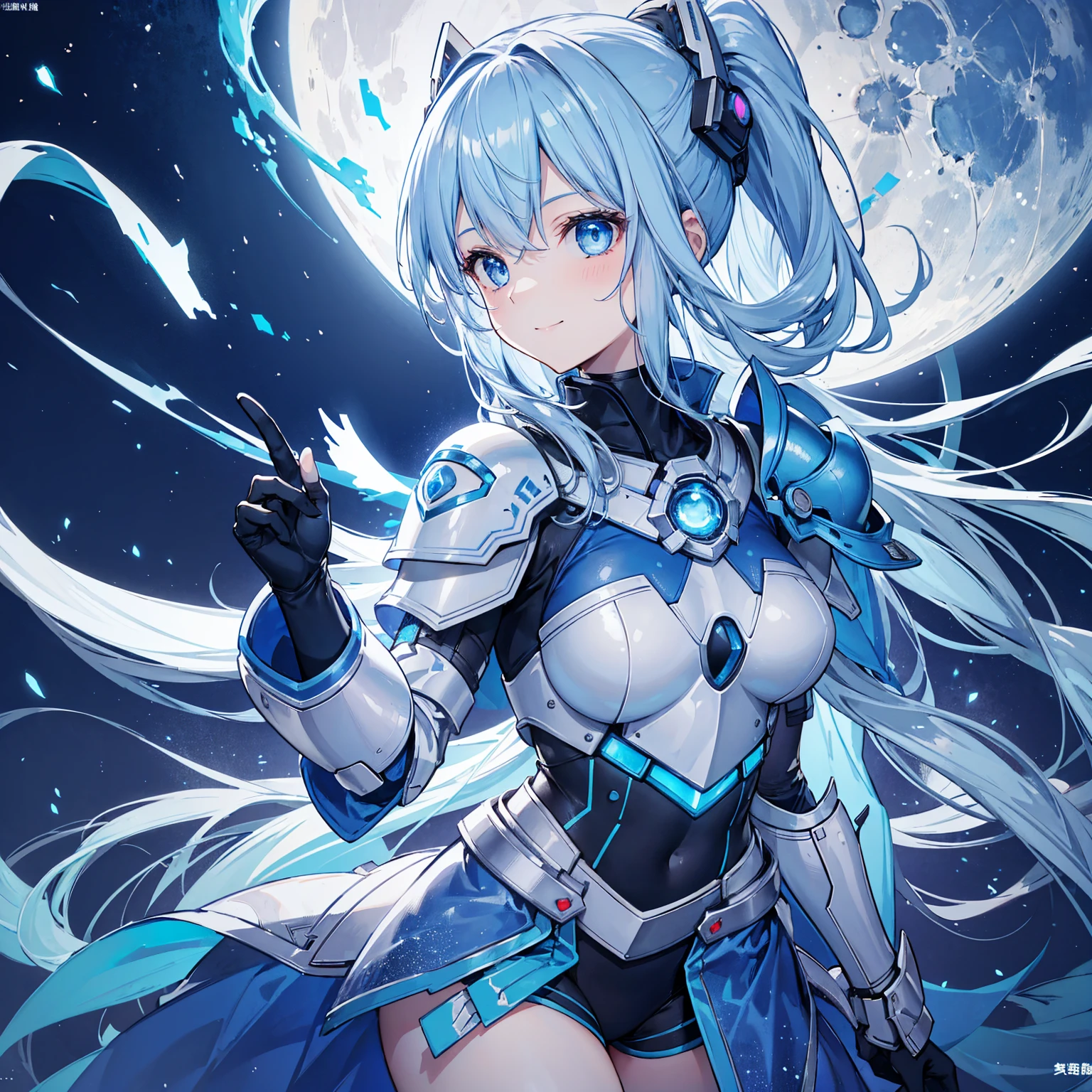 8k, highest quality, (real:1.4), Original photo, 1 girl, Asari Hair, Biological Amplifier, refined armor, posture: Peace talks between warring factions, smart blue eyes,A modest smile、Blue big moon and blue light swirl in the background、Blue light from behind、blue light magic