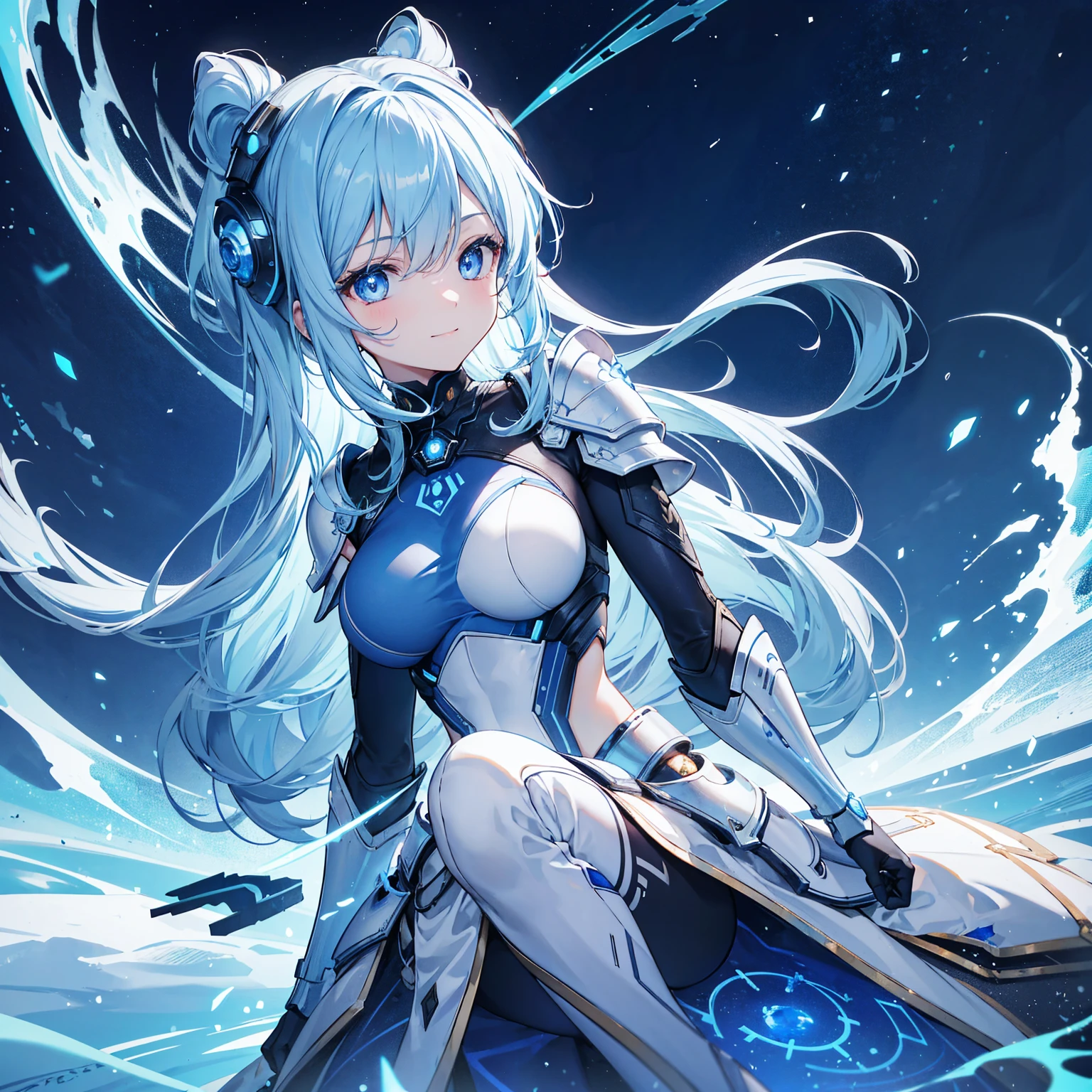 8k, highest quality, (real:1.4), Original photo, 1 girl, Asari Hair, Biological Amplifier, refined armor, posture: Peace talks between warring factions, smart blue eyes,A modest smile、Blue big moon and blue light swirl in the background、Blue light from behind、blue light magic