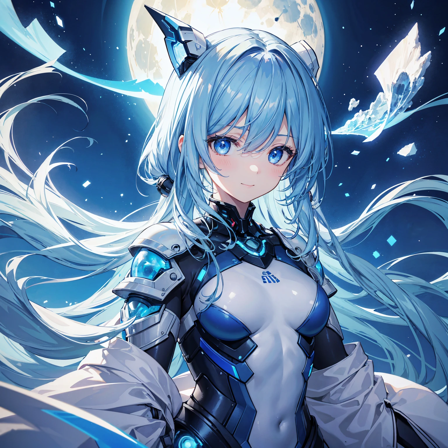 8k, highest quality, (real:1.4), Original photo, 1 girl, Asari Hair, Biological Amplifier, refined armor, posture: Peace talks between warring factions, smart blue eyes,A modest smile、Blue big moon and blue light swirl in the background、Blue light from behind、blue light magic