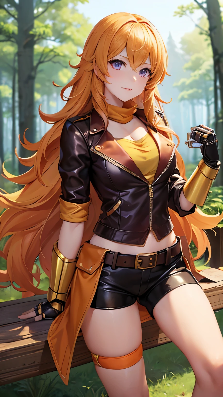 Yang Xiao Long (\Ruby\), 1 girl, highest quality, High resolution, masterpiece, High resolution, sharp: 1.2, Perfect body beauty: 1.4, Slim Abs: 1.2, Highly detailed face and skin texture, Fine grain, double eyelid, Looking into the camera, Purple eyes, Long Hair, Forest Background, Perfect lighting,(bright), leather jacket, Hyperrealism, Knee socks, Ruby, wavy bright golden hair, Mechanical gauntlet, Tan shorts, Orange neckband, Tea belt, Yang Xiao Long