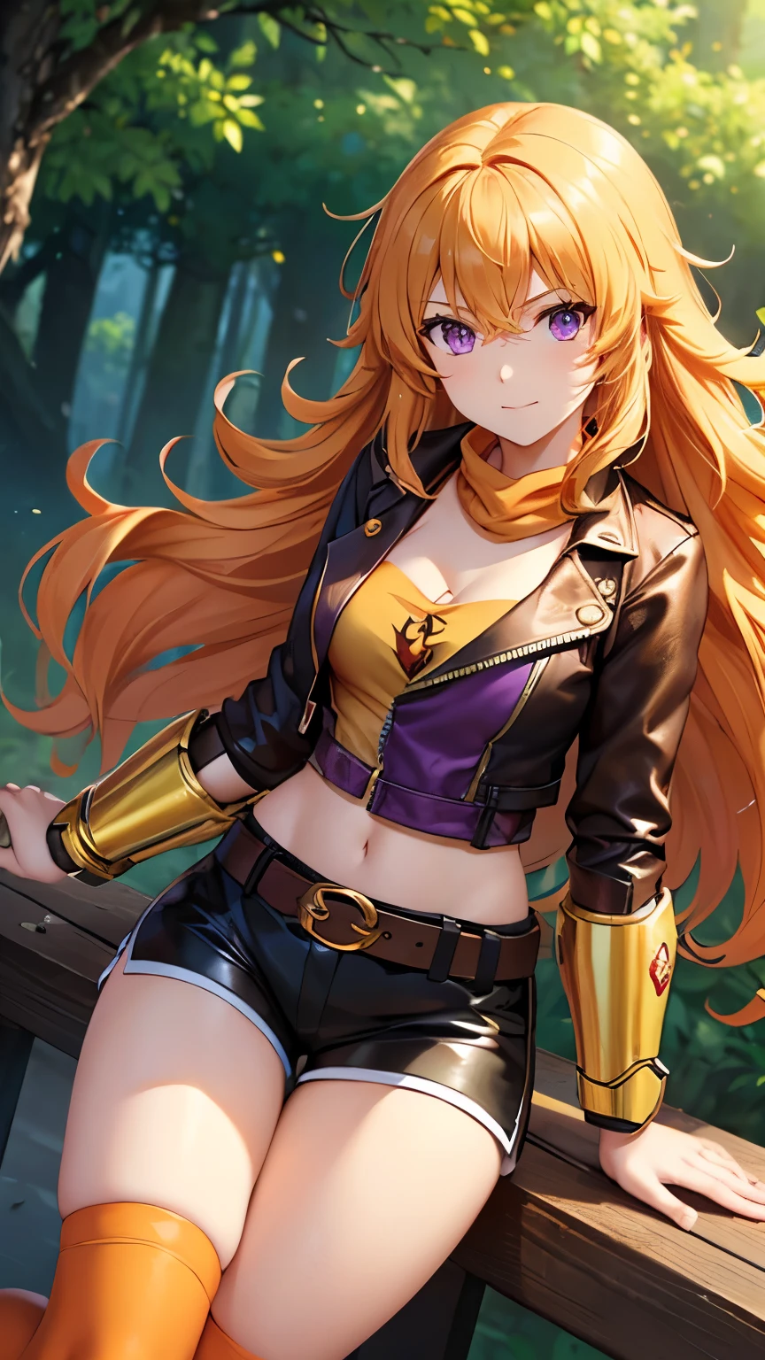 Yang Xiao Long (\Ruby\), 1 girl, highest quality, High resolution, masterpiece, High resolution, sharp: 1.2, Perfect body beauty: 1.4, Slim Abs: 1.2, Highly detailed face and skin texture, Fine grain, double eyelid, Looking into the camera, Purple eyes, Long Hair, Forest Background, Perfect lighting,(bright), leather jacket, Hyperrealism, Knee socks, Ruby, wavy bright golden hair, Mechanical gauntlet, Tan shorts, Orange neckband, Tea belt, Yang Xiao Long