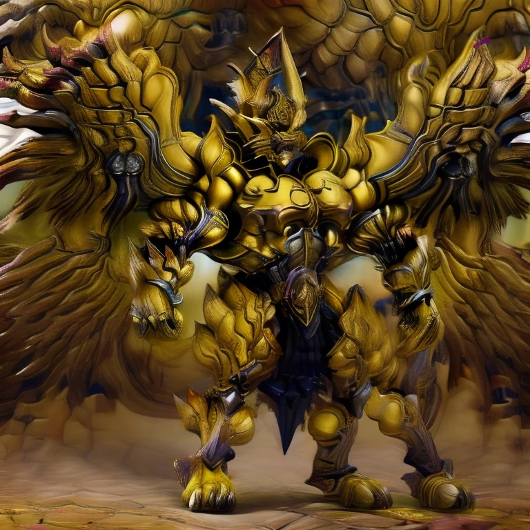 (Pokémon) (Zeraora), (masterpiece, best quality, detailed:1.2), (nj5furry), (medieval armor:1.3) sparkling skin, Vibrant colors, 4K, GOLD armor, Its full plate armor emphasizes the muscles. big muscle (pecs, triceps, traps) unusually developed muscular body, body full of huge muscles. showing off muscles, pectorales enormes. Exaggeratedly huge muscles. Gigachad Muscular, Very muscular, Large pecs, Spread wings, It has wings. have big wings. has 10 large wings. It has large golden wings. The feathers on its wings are detailed and realistic. FULL BODY, giant, huge body, long legs, Shining like gold,