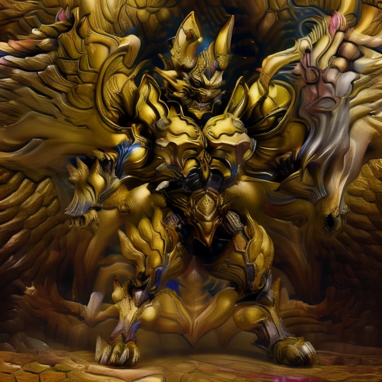 (Pokémon) (Zeraora), (masterpiece, best quality, detailed:1.2), (nj5furry), (medieval armor:1.3) sparkling skin, Vibrant colors, 4K, GOLD armor, Its full plate armor emphasizes the muscles. big muscle (pecs, triceps, traps) unusually developed muscular body, body full of huge muscles. showing off muscles, pectorales enormes. Exaggeratedly huge muscles. Gigachad Muscular, Very muscular, Large pecs, Spread wings, It has wings. have big wings. has 10 large wings. It has large golden wings. The feathers on its wings are detailed and realistic. FULL BODY, giant, huge body, long legs, Shining like gold,