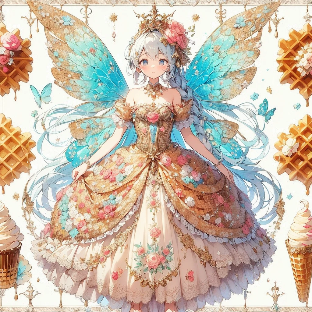 (Exquisite beautiful highly detailed masterpiece in high quality and high resolution),(On the white wall, soft, thin lines are drawn in pale colors, creating a delicious-looking image.々An illustration of a beautiful antique dress in vibrant colors with beautiful transparent fairy wings on a background decorated with waffles of various flavors), A brown-based dress with a waffle-shaped draped peplum attached symmetrically to the bottom of the corset, and beautiful fairy wings growing from the back, reminiscent of a waffle.,The dress has a motif of cream and chocolate sauce, and the skirt is decorated with frills and waffles. It is a long princess dress with a fluffy pink pannier and a waffle-shaped skirt.,Beautiful, clear fairy wings growing from her back,A cute princess dress inspired by waffles,