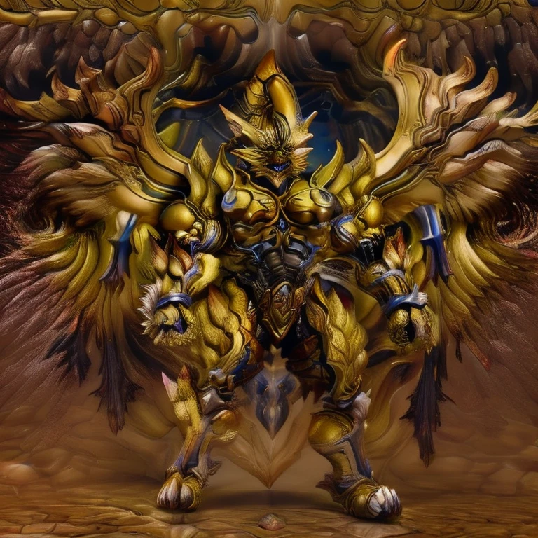 (Pokémon) (Zeraora), (masterpiece, best quality, detailed:1.2), (nj5furry), (medieval armor:1.3) sparkling skin, Vibrant colors, 4K, GOLD armor, Its full plate armor emphasizes the muscles. big muscle (pecs, triceps, traps) unusually developed muscular body, body full of huge muscles. showing off muscles, pectorales enormes. Exaggeratedly huge muscles. Gigachad Muscular, Very muscular, Large pecs, Spread wings, It has wings. have big wings. has 10 large wings. It has large golden wings. The feathers on its wings are detailed and realistic. FULL BODY, giant, huge body, long legs, Shining like gold,
