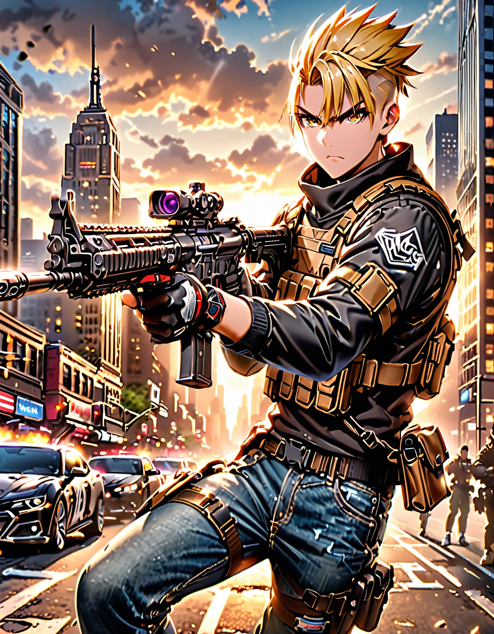 masterpiece, best quality, high res, 1boy, blonde hair, short hair, mohawk, perfect hands, finger on trigger, gloves, gun, holding gun, holding weapon, assault rifle, holster, male focus, rifle, new york city backdrop, (solo, solo focus), weapon, brown eyes, assault vest, black sweater, jeans, sneakers, (chevorlet camaro). action: fighting stance, facial expression: determined