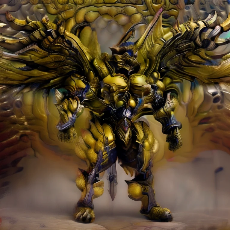 (Pokémon) (Zeraora), (masterpiece, best quality, detailed:1.2), (nj5furry), (medieval armor:1.3) sparkling skin, Vibrant colors, 4K, GOLD armor, Its full plate armor emphasizes the muscles. big muscle (pecs, triceps, traps) unusually developed muscular body, body full of huge muscles. showing off muscles, pectorales enormes. Exaggeratedly huge muscles. Gigachad Muscular, Very muscular, Large pecs, Spread wings, It has wings. have big wings. has 10 large wings. It has large golden wings. The feathers on its wings are detailed and realistic. FULL BODY, giant, huge body, long legs, Shining like gold,
