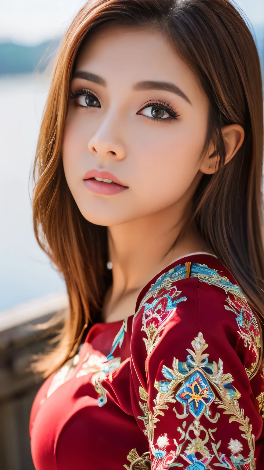Best Images, (8k, RAW Photos, Realistic), A neat and beautiful Japanese woman, Rainbow light brown straight hair, Big, shining blue eyes, Long eyelashes, double eyelid, Half-open crimson seductive moist big thick lips, Big Breasts, Sideboob, Under the chest, Abdominal muscles, thin, Perfect Proportions, whole body, Black ao dai with gold embroidery, Blurred background red