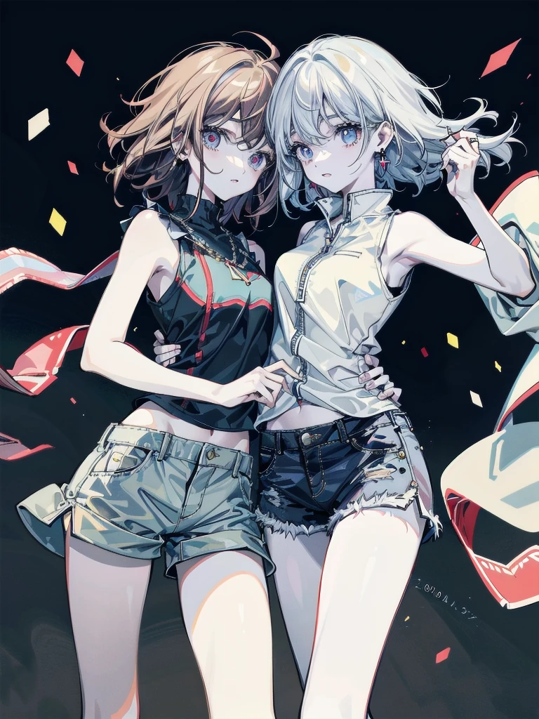whole body, yuri, cowgirl outfit, holster, sleeveless, shorts, absurdres, extremely delicate and beautiful, Best Quality, pale skin, 20 years old, tearful mole, earring, short medium hair, wavy hair,