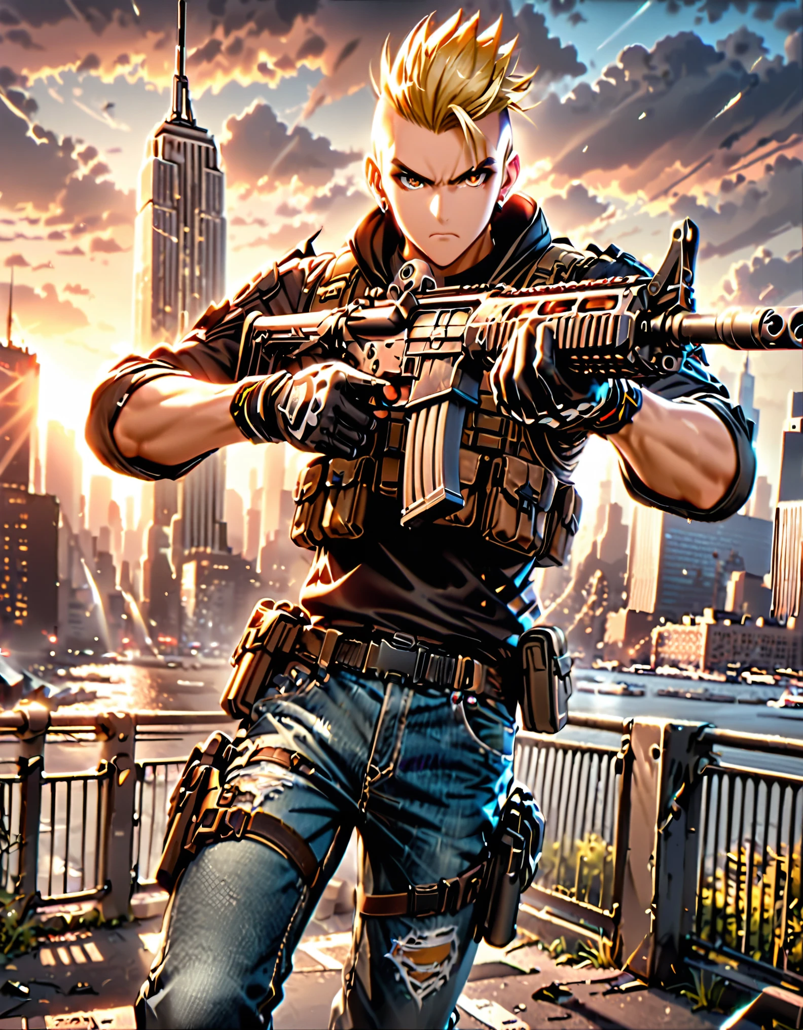masterpiece, best quality, high res, 1boy, blonde hair, short hair, mohawk, perfect hands, finger on trigger, gloves, gun, holding gun, holding weapon, assault rifle, holster, male focus, rifle, new york city backdrop, (solo, solo focus), weapon, brown eyes, assault vest, black sweater, jeans, sneakers, (chevorlet camaro). action: fighting stance, facial expression: determined