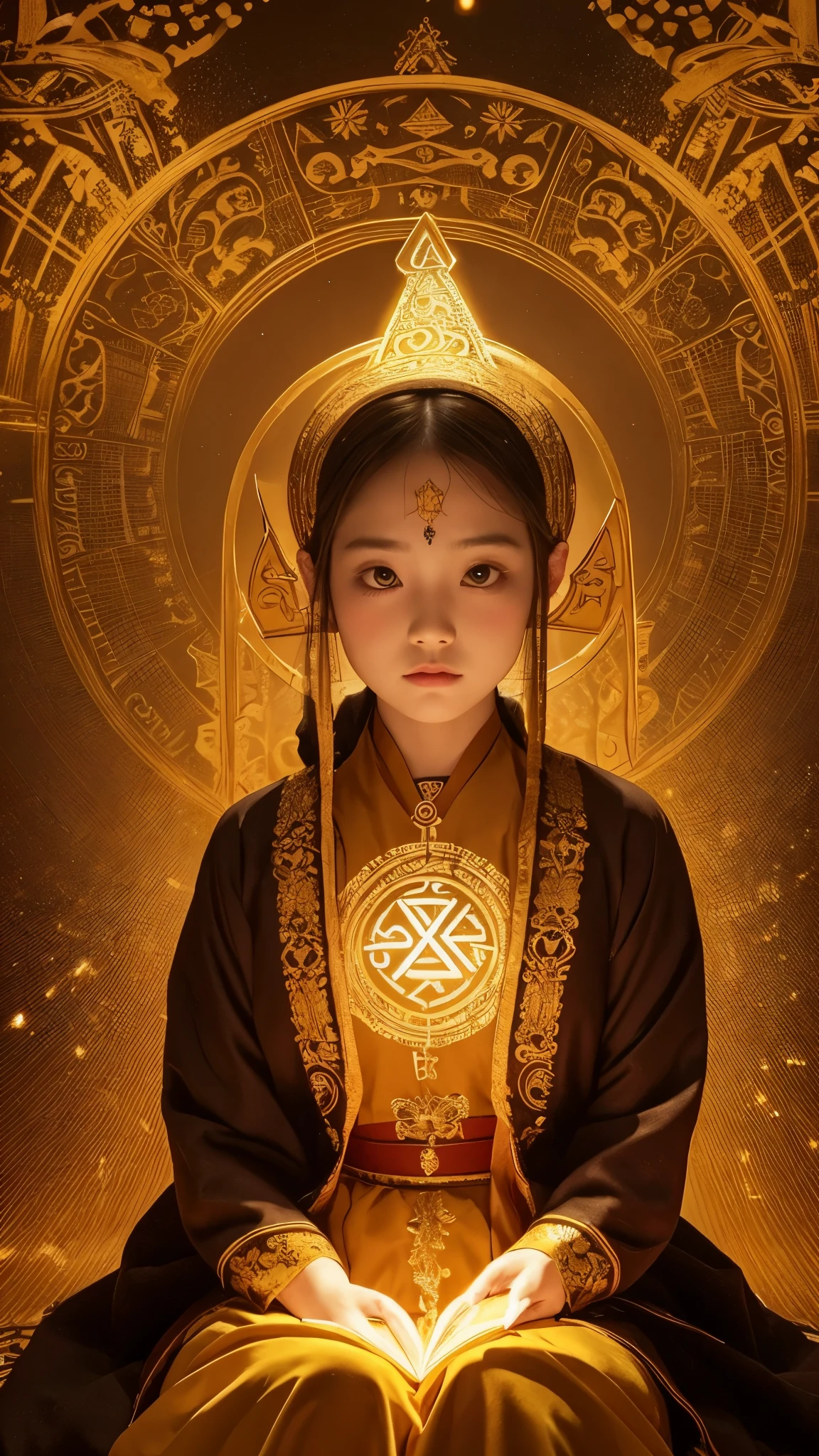 Here's the prompt in English, including the addition of traditional clothing:
"A wallpaper-sized image of a hybrid between a cat and a human baby, sitting and facing forward. The entire body is enveloped in a golden aura, making it appear entirely golden. On its forehead, there are mystical runes or spell-like symbols written. The figure is dressed in traditional clothing. The background should be neutral to highlight the figure."
Here's the prompt in English, including the addition of traditional clothing:
"A wallpaper-sized image of a hybrid between a cat and a human baby, sitting and facing forward. The entire body is enveloped in a golden aura, making it appear entirely golden. On its forehead, there are mystical runes or spell-like symbols written. The figure is dressed in traditional clothing. The background should be neutral to highlight the figure."