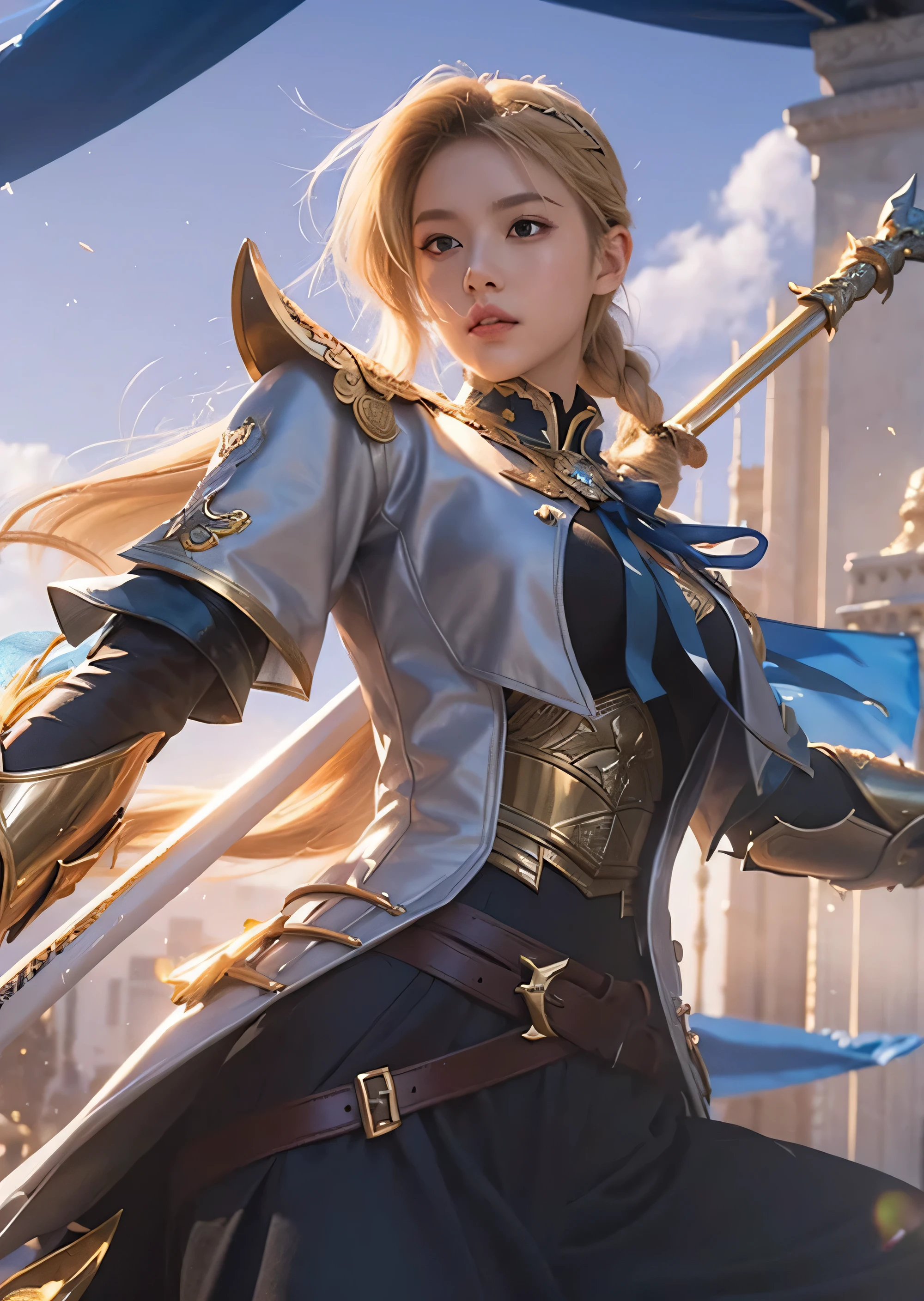 a close up of a woman with a sword, extremely detailed artgerm, artgerm on artstation pixiv, style artgerm, portrait knights of zodiac girl, range murata and artgerm, style of artgerm, aly fell and artgerm, graphic artist artgerm, blonde hair, european