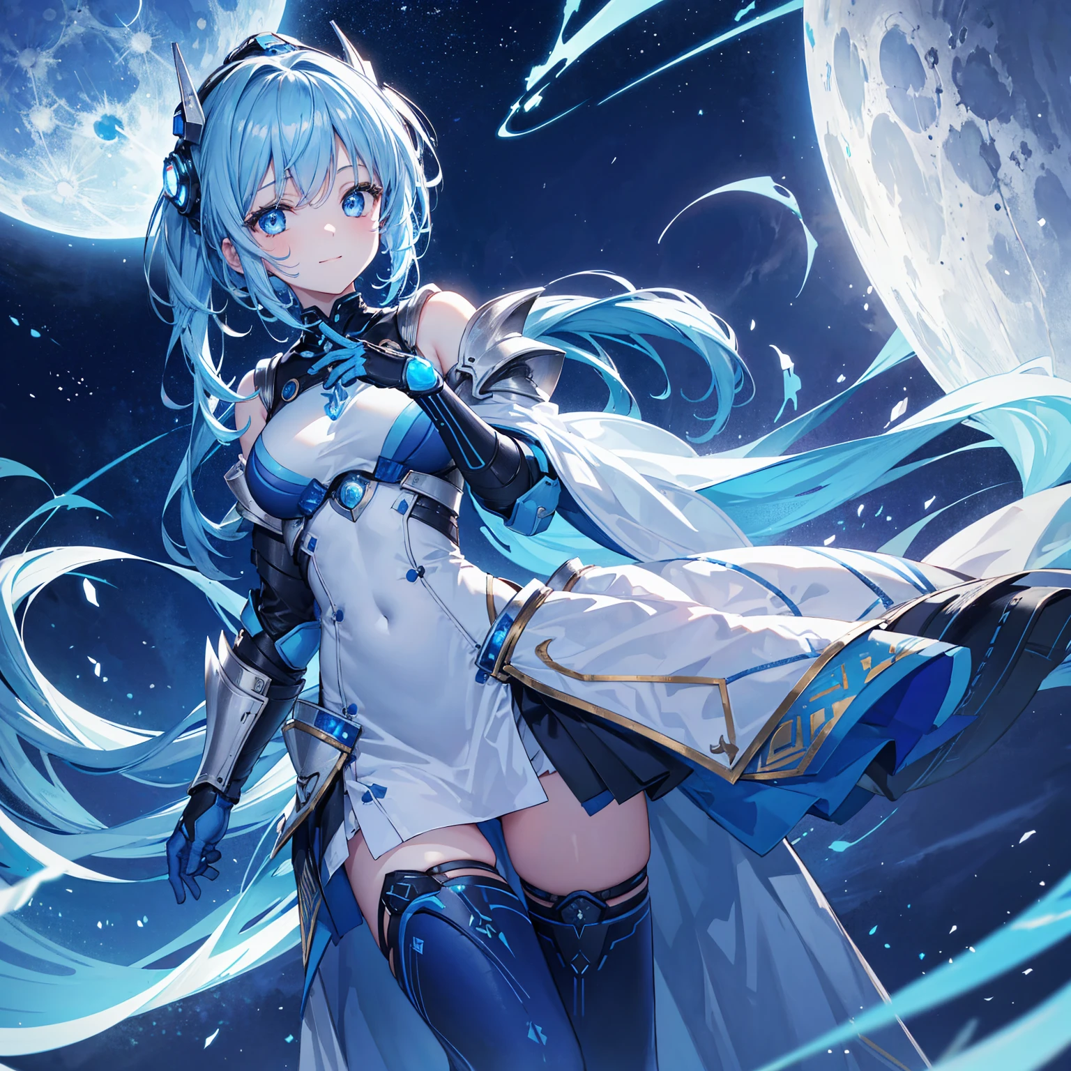 8k, highest quality, (real:1.4), Original photo, 1 girl, Asari Hair, Biological Amplifier, refined armor, posture: Peace talks between warring factions, smart blue eyes,A modest smile、Blue big moon and blue light swirl in the background、Blue light from behind、blue light magic