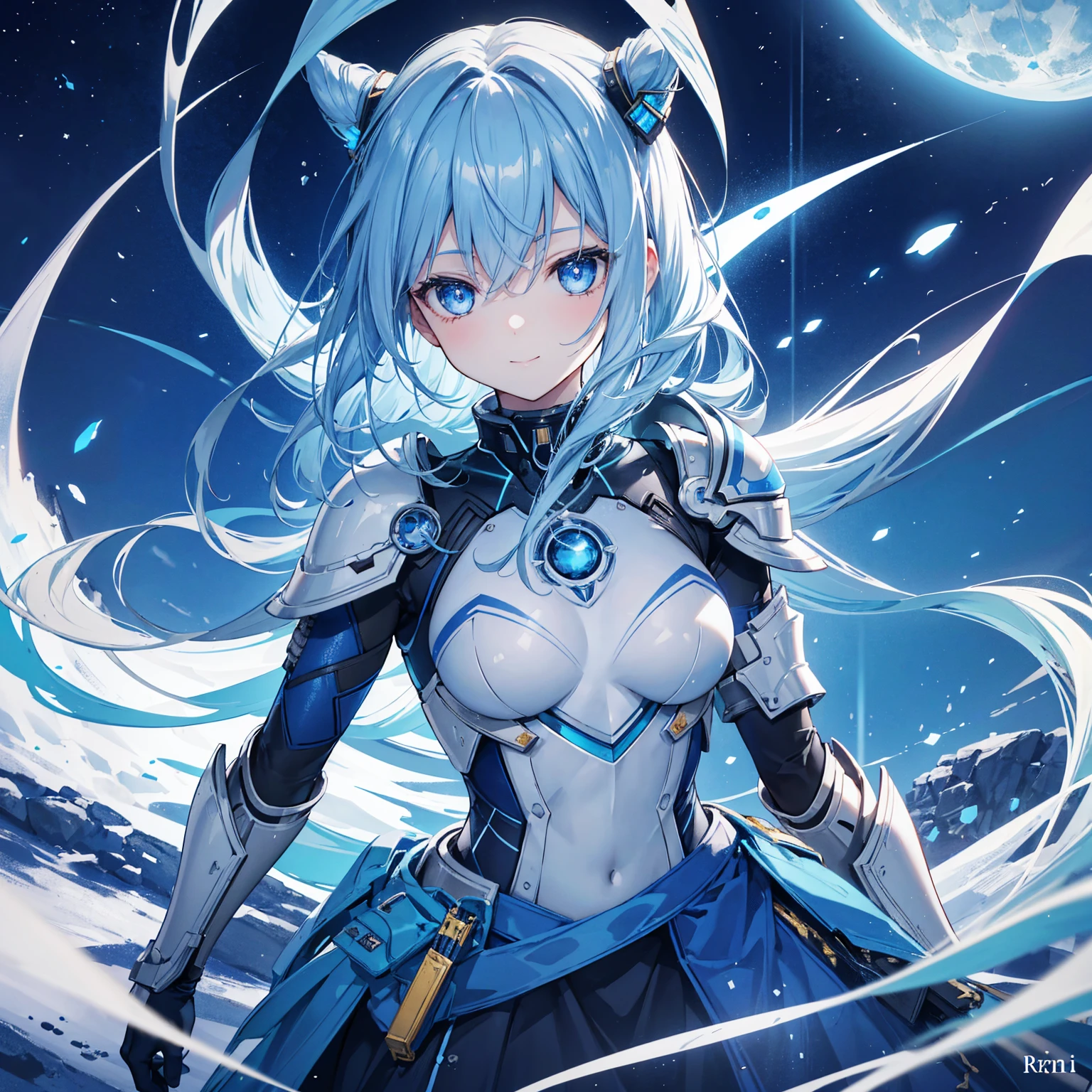 8k, highest quality, (real:1.4), Original photo, 1 girl, Asari Hair, Biological Amplifier, refined armor, posture: Peace talks between warring factions, smart blue eyes,A modest smile、Blue big moon and blue light swirl in the background、Blue light from behind、blue light magic