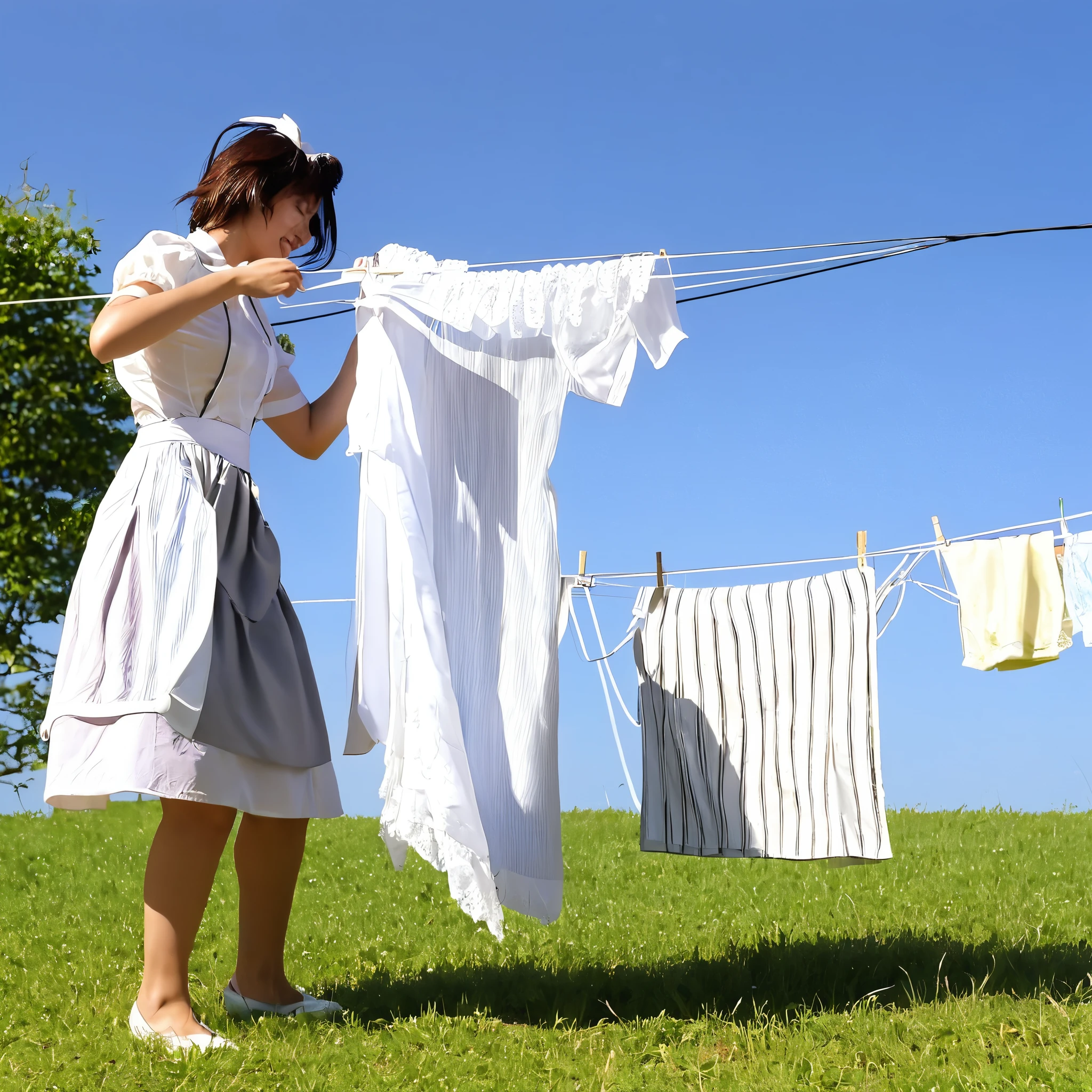 woman drying her laundry Maid Outfit on a sunny day, the scene swaying in the gentle breeze,