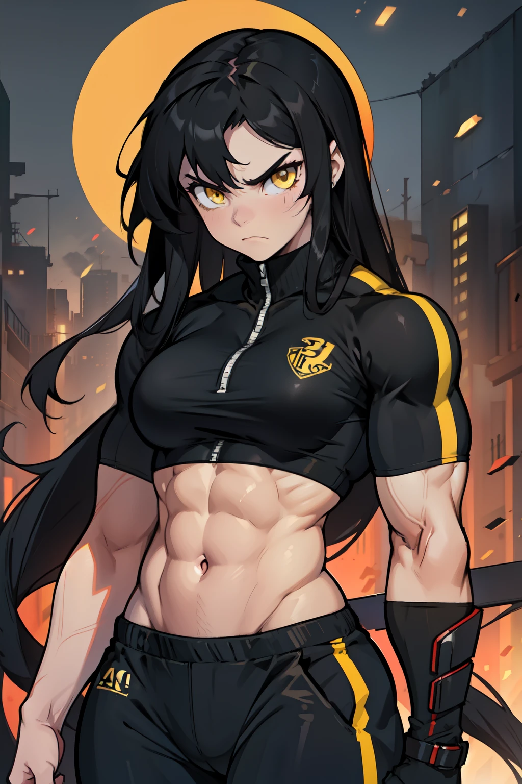 angry ((((1girl)))) (((bodybuilder))) pale skin black hair very long hair yellow eyes midriff