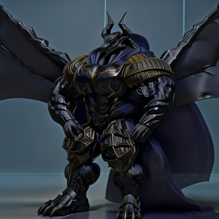 demon lord dragon batzz,  (masterpiece, best quality, detailed:1.2) full body, detailed full body, a knight's mechanical armor, glowing wide and heavy armor, wears full body armor. massive muscles, huge pecs, chiseled abs, huge pectorals, exaggeratedly huge muscles. wearing a cloak. unusually developed muscular body big muscle, pecs, triceps, traps, waist narrow, unusually developed muscular body, The claws are sharp, Sharp teeth, Spread wings, It has wings. have big wings, FULL BODY, giant, huge body, long legs,