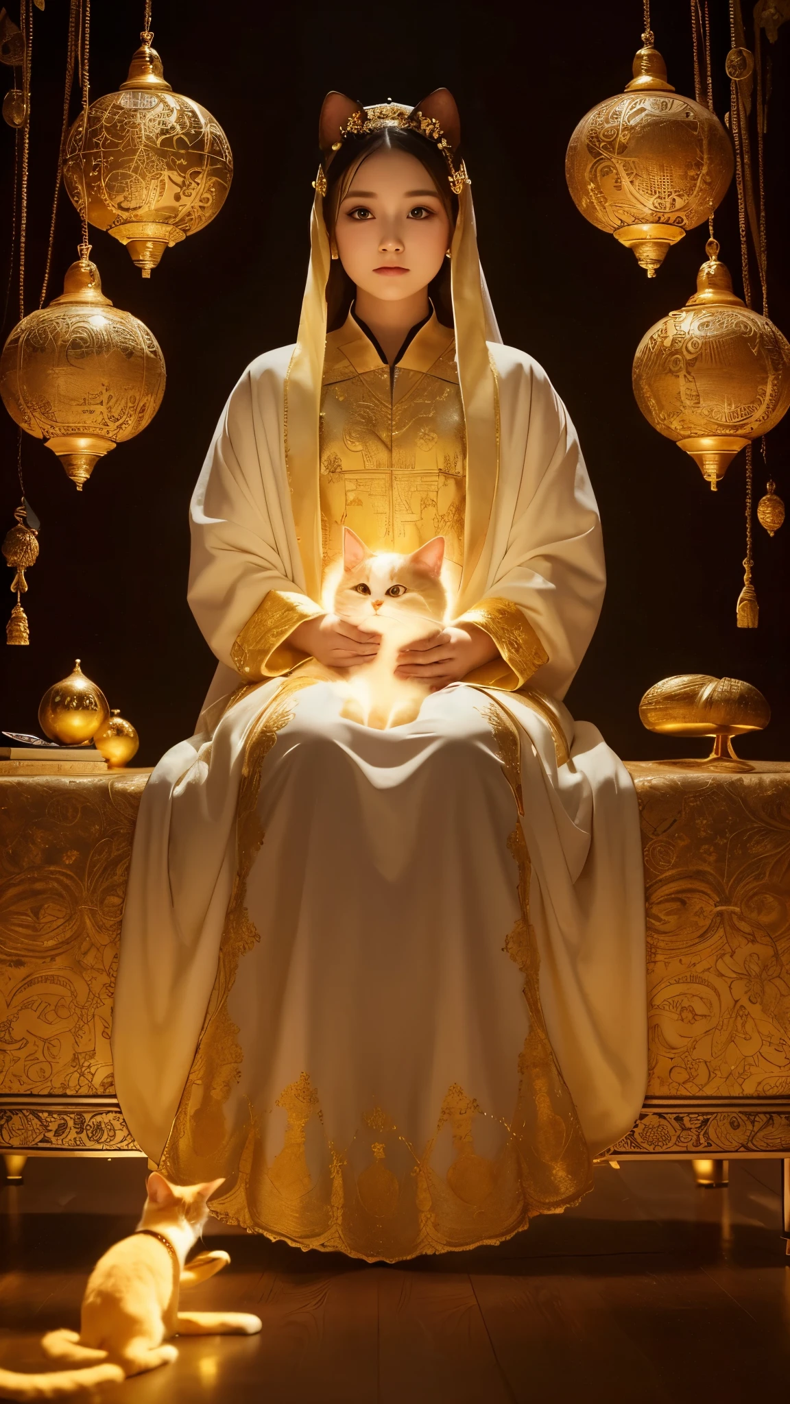 Here's the prompt in English, including the addition of traditional clothing:
"A wallpaper-sized image of a hybrid between a cat and a human baby, sitting and facing forward. The entire body is enveloped in a golden aura, making it appear entirely golden. On its forehead, there are mystical runes or spell-like symbols written. The figure is dressed in traditional clothing. The background should be neutral to highlight the figure."
Here's the prompt in English, including the addition of traditional clothing:
"A wallpaper-sized image of a hybrid between a cat and a human baby, sitting and facing forward. The entire body is enveloped in a golden aura, making it appear entirely golden. On its forehead, there are mystical runes or spell-like symbols written. The figure is dressed in traditional clothing. The background should be neutral to highlight the figure."