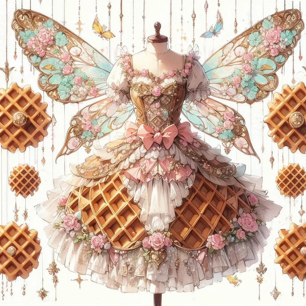 (Exquisite beautiful highly detailed masterpiece in high quality and high resolution),(On the white wall, soft, thin lines are drawn in pale colors, creating a delicious-looking image.々An illustration of a beautiful antique dress in vibrant colors with beautiful transparent fairy wings on a background decorated with waffles of various flavors), A brown-based dress with a waffle-shaped draped peplum attached symmetrically to the bottom of the corset, and beautiful fairy wings growing from the back, reminiscent of a waffle.,The dress has a motif of cream and chocolate sauce, and the skirt is decorated with frills and waffles. It is a long princess dress with a fluffy pink pannier and a waffle-shaped skirt.,Beautiful, clear fairy wings growing from her back,A cute princess dress inspired by waffles,