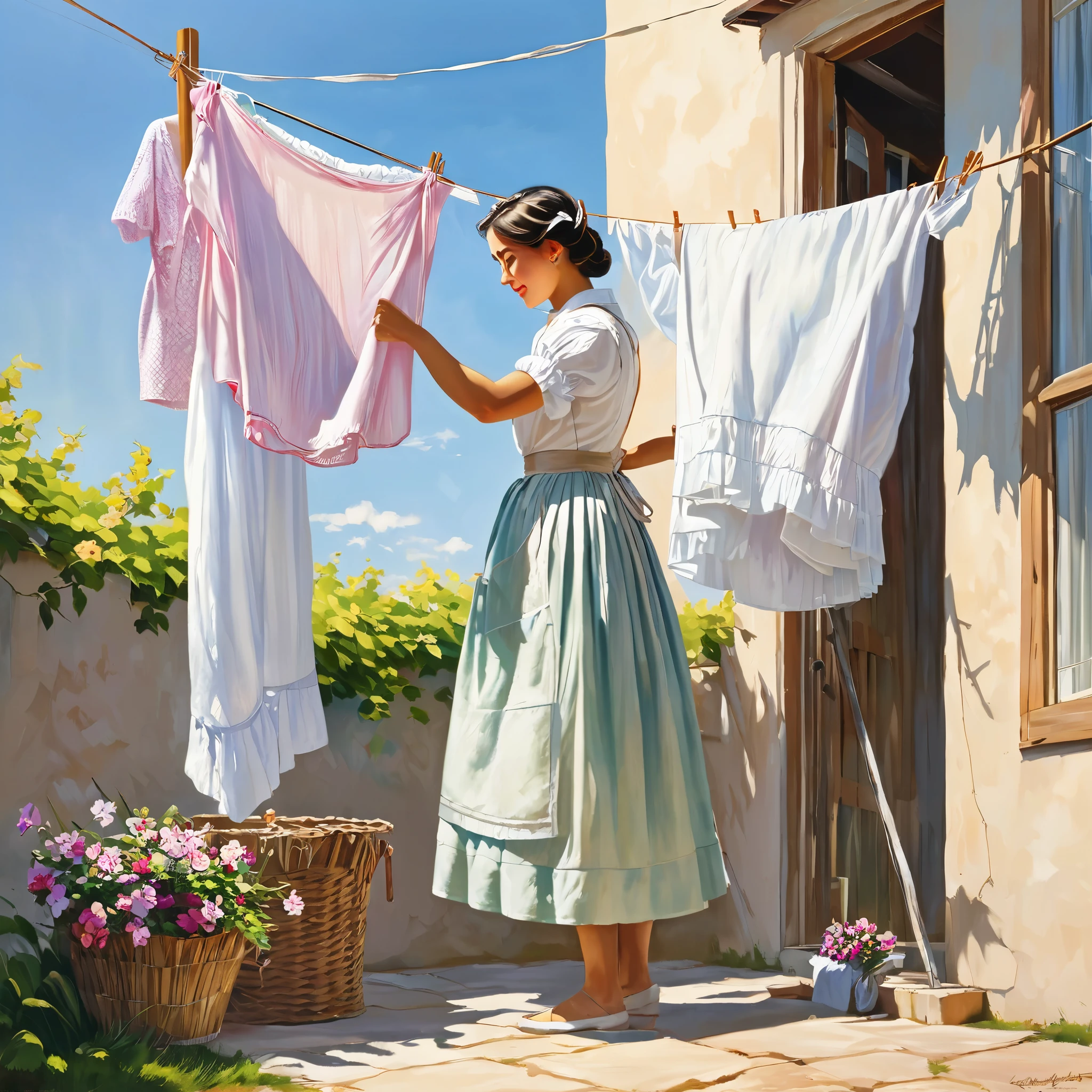 masterpiece, best quality, woman drying her laundry Maid Outfit on a sunny day, the scene swaying in the gentle breeze,