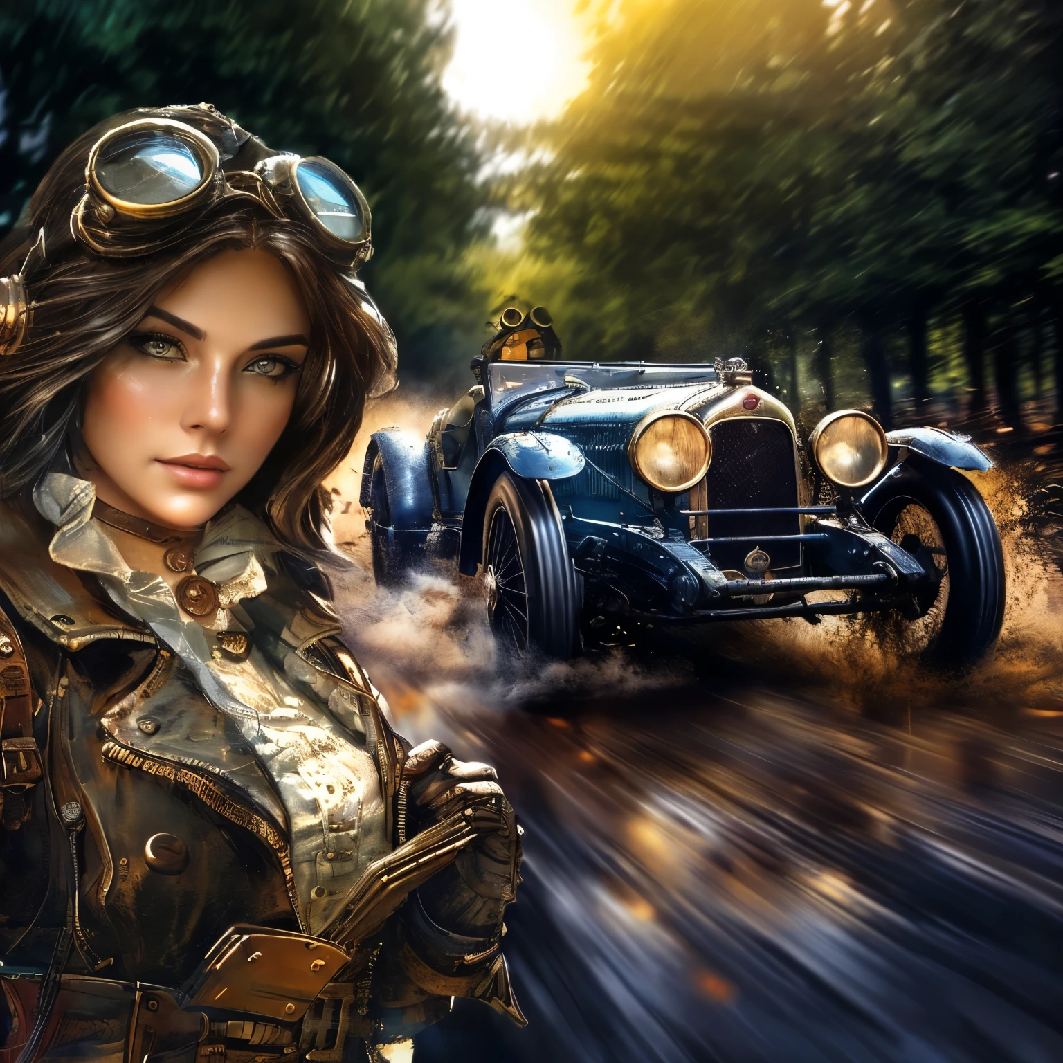 SEPIA toned candid photo, vintage photography. Old photo of a woman in a steam suit and goggles standing next to a car, dieselpunk art style, detailed game art illustration, 4k highly detailed digital art, karol bak uhd, digital steampunk art driven by a beautiful steampunk lady driver with helmet and google driver, stunning digital illustration, dieselpunk, highly detailed digital artwork, 4k detailed digital art, dieselpunk setting, steampunk digital art, highly detailed digital art