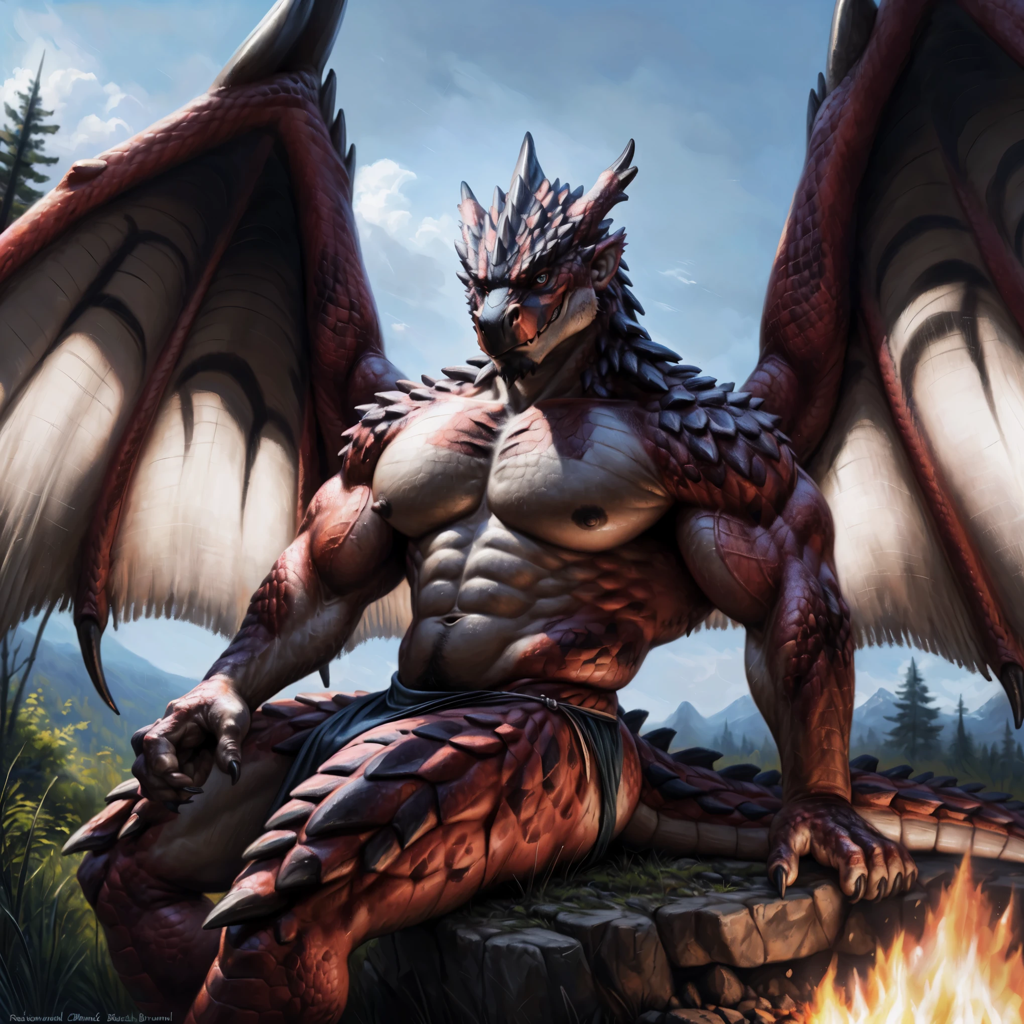 Three-quarter view, (rathalos), (red body), (red scales), (big wings), big loincloth, topless, looking at viewer, happy face, sitting front bonfire, detailed forest background, nipples, fitness muscular body, nipple focus, big bodybuilder body, muscular male, muscular, detailed muscles, detailed scales, bright scales, bright body, detailed face, high detailed, high resolution, high quality, detailed beautiful eyes, (muscular oblique), (muscular v-cut), (hard muscular butt), (wide muscular shoulder), (big muscular thighs), (detailed muscular abs), ((huge muscular pecs)), (big muscular biceps), muscular anthro, manly masculine male, full body portrait, by bruteandbrawn, by personalami, by kenket, (intricate, high detail, hi res, film photography, soft focus, RAW candid cinema, photorealism, realistic, photorealistic, analog style, subsurface scattering, best score, absurd resolution, masterpiece, best quality, ultra realistic, 8k)