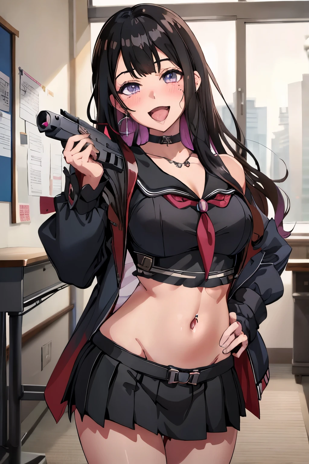 hmkm1, mole under eye, earrings, jewelry, evil smile, blush, lipstick,  open, masterpiece, best quality, highly detailed, a anime girls in sailor uniforms with a gun posing for a picture,
evil smile, smile, open mouth,black_serafuku, ecchi anime style, anime girls , (nsfw) not safe for work,
ecchi style, ecchi, shipgirls, digital anime art!!, high school girls, holding a gun, hold a gun, anime style 4
k, micro skirt, exposed belly, exposed navel, exposed midriff,
exposed lower belly,school, classroom, navel piercing