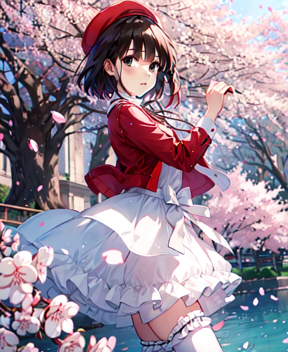 (masterpiece, highest quality, colorful, Dynamic Angle, Most detailed:1.2)  Cowboy Shot,  
Katou Megumi, 
White Dress, Red jacket, Neck ribbon, beret, White knee socks, Frills, bow,  Mary Jane. 
Floating Hair,  ((cherry blossoms, Falling petals)), 
 Bokeh, 
Sunlight passing through the hair, colorful art background, (Official Art, Very detailed, Most detailed),
