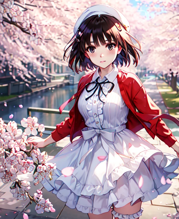 (masterpiece, highest quality, colorful, Dynamic Angle, Most detailed:1.2)  Cowboy Shot,  
Katou Megumi, 
White Dress, Red jacket, Neck ribbon, beret, White knee socks, Frills, bow,  Mary Jane. 
Floating Hair,  ((cherry blossoms, Falling petals)), 
 Bokeh, 
Sunlight passing through the hair, colorful art background, (Official Art, Very detailed, Most detailed),
