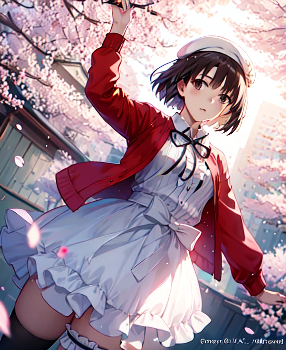 (masterpiece, highest quality, colorful, Dynamic Angle, Most detailed:1.2)  Cowboy Shot,  
Katou Megumi, 
White Dress, Red jacket, Neck ribbon, beret, White knee socks, Frills, bow,  Mary Jane. 
Floating Hair,  ((cherry blossoms, Falling petals)), 
 Bokeh, 
Sunlight passing through the hair, colorful art background, (Official Art, Very detailed, Most detailed),
