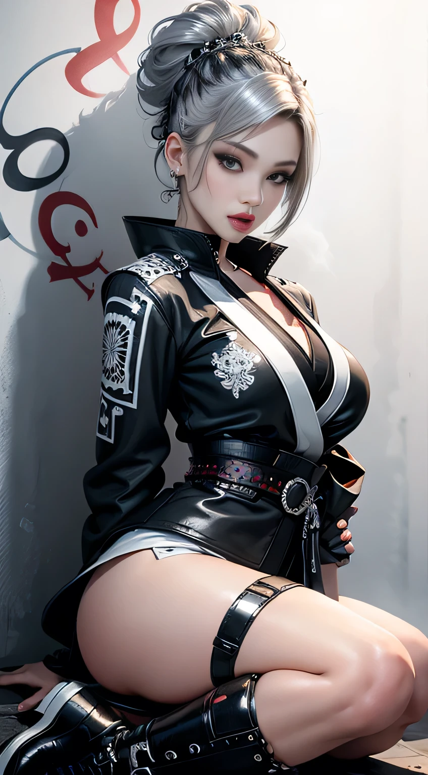 sfw, (Realistic:1.3), (official art), (gorgeous, elegant, luxury), (beautiful still life painting art), ultra detailed, beautiful, masterpiece, best quality, _ BREAK (1girl:1.2), 22 years old, 160 cm, Japanese cute model, Tightened all body, medium Breasts, small head, small face, diamond Face, small nose, Sharp Faceline, young hands and fingers, beautiful hands and fingers, five fingers, _ BREAK (Glossy Lips:1.3), (Light color lips, Half open mouth, beautiful Teeth:1.2), (dropy eyes, Double eyelid, Blue eyes:1.), _ BREAK (punk arranged hairstyle:1.3),(hairstyle with complicated decorations:1.3), (gray hair:1.3), _ BREAK (White and black theme:1.3), (futuristic white background), (blurry background, Fog, mist:1.7), _ BREAK (wide angle:1.7), random pose, _ BREAK（White and black theme:1.4), (Geometric pattern print:1.4),(fusion of traditional High collar kimono and punk elements:1.4), (black leather jacket with white silk kimono:1.2), (silver studded details on kimono:1.2), (punk-inspired accessories, black Leather thigh belt:1.4), _ BREAK (punk-style boots:1.2), _ BREAK (Cityscape background:1.2), (White and black graffiti-covered walls:1.4), _ BREAK (Confident sitting pose:1.2),、 wearing bra,((skinny waist)), young asian girl, ((big breasted)),