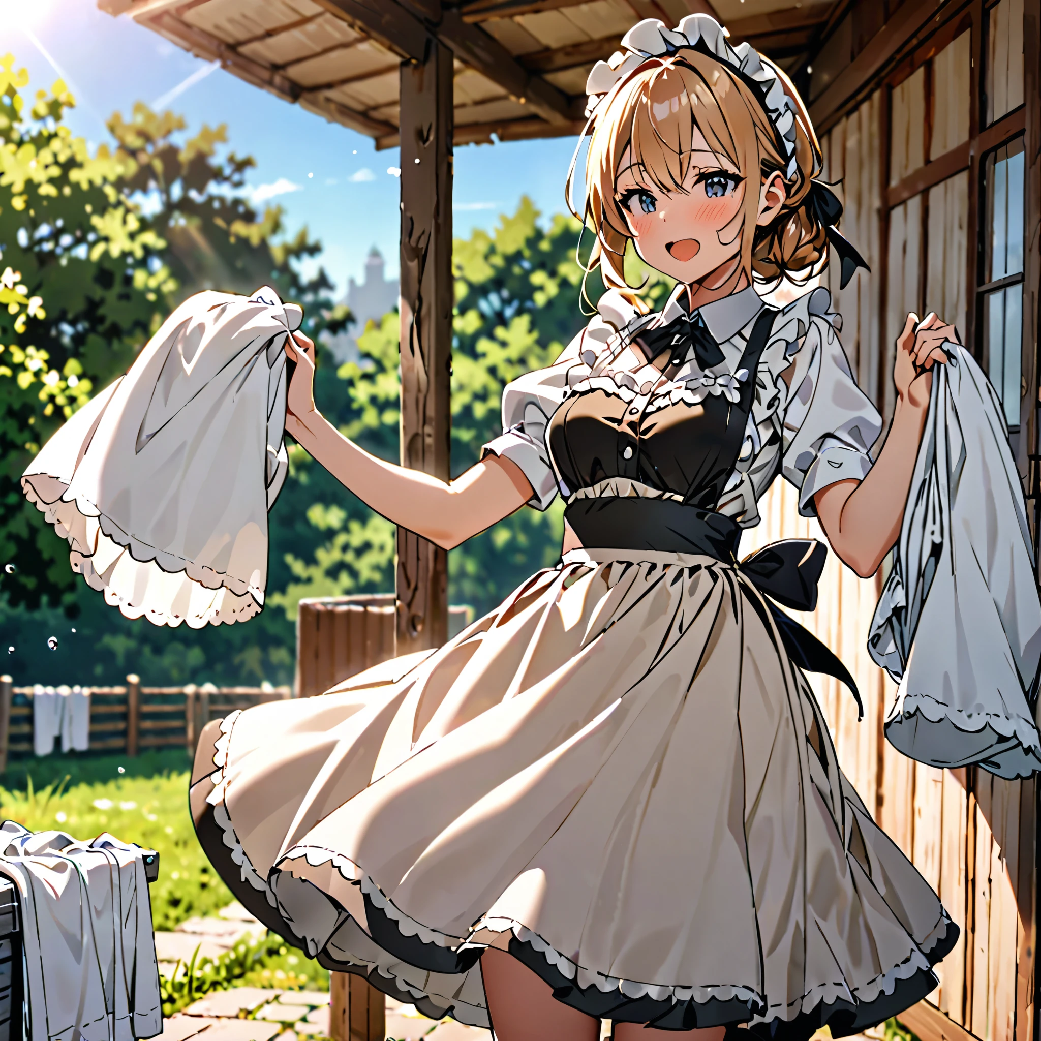 masterpiece, best quality, woman drying her laundry Maid Outfit on a sunny day, the scene swaying in the gentle breeze,