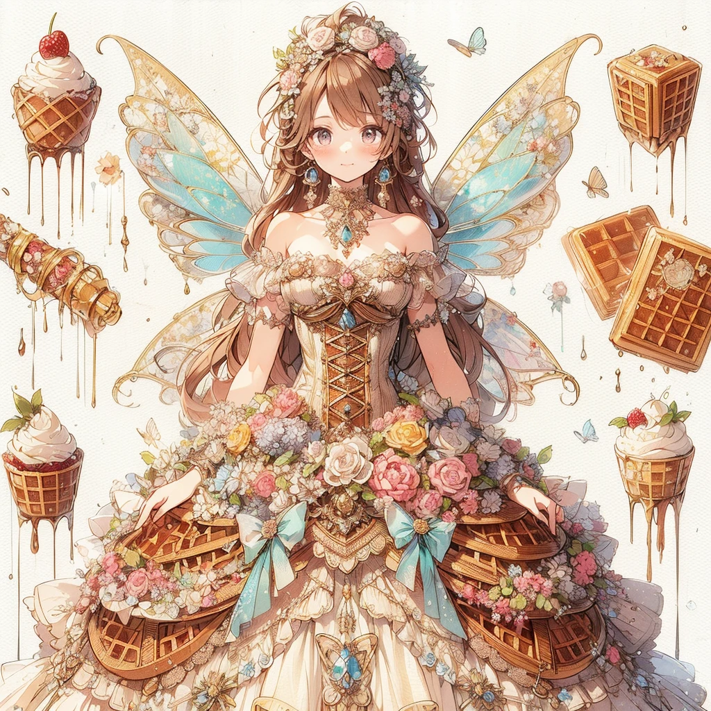 (Exquisite beautiful highly detailed masterpiece in high quality and high resolution),(On the white wall, soft, thin lines are drawn in pale colors, creating a delicious-looking image.々An illustration of a beautiful antique dress in vibrant colors with beautiful transparent fairy wings on a background decorated with waffles of various flavors), A brown-based dress with a waffle-shaped draped peplum attached symmetrically to the bottom of the corset, and beautiful fairy wings growing from the back, reminiscent of a waffle.,The dress has a motif of cream and chocolate sauce, and the skirt is decorated with frills and waffles. It is a long princess dress with a fluffy pink pannier and a waffle-shaped skirt.,Beautiful, clear fairy wings growing from her back,A cute princess dress inspired by waffles,