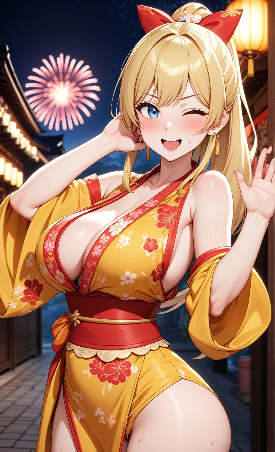 ((one personの女性)), Beautiful Face,Embarrassed and kind expression,Laugh embarrassedly,((Wink:1.6)),laugh with a big mouth,turn bright red,Sweat on the face,Glossy pink lips,night,Shrine festival sexpensives,firework, ((Anime style background)),masterpiece, highest quality, so beautiful, Latest, Complex details, (Pink long nails),AI-generated, Complex,High resolution, highest quality, super high quality,3D Images、View your viewers、3D Images,one person,Long Blonde Hair,High Ponytail,blue eyes,Anime woman posing for a photo, [[fine grain、Colorful eyes、Shining Eyes:1.15]],(Squint your eyes:1.1),a hyperRealistic , hyperRealistic , Realistic,Blonde anime woman with long hair, Smooth anime CG art, A woman in a colorful kimono with gold embroidery, (Yellow kimono),Pink floral pattern,Long flower hair ornament,Big earrings,(Big Breasts:1.2),Mature Body,expensive,Big Ass,Fine details,Tight waist,Abdominal muscles,Arch one&#39;s back