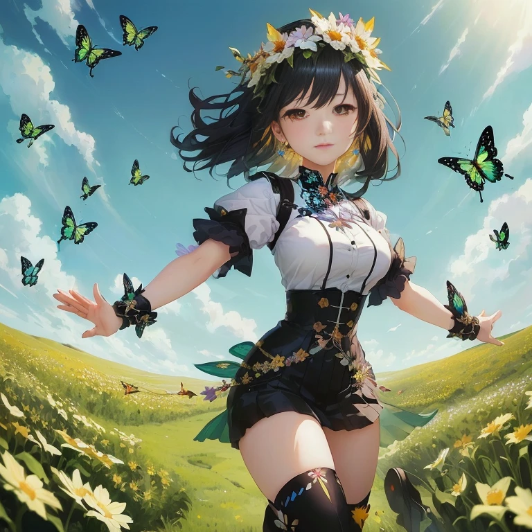 anime girl in a field of flowers with butterflies flying around her, official artwork, official art, high detailed official artwork, official anime artwork, guweiz on pixiv artstation, the non-binary deity of spring, insect trainer girl, in a field of flowers, beautiful sunflower anime girl, guweiz on artstation pixiv, official illustration