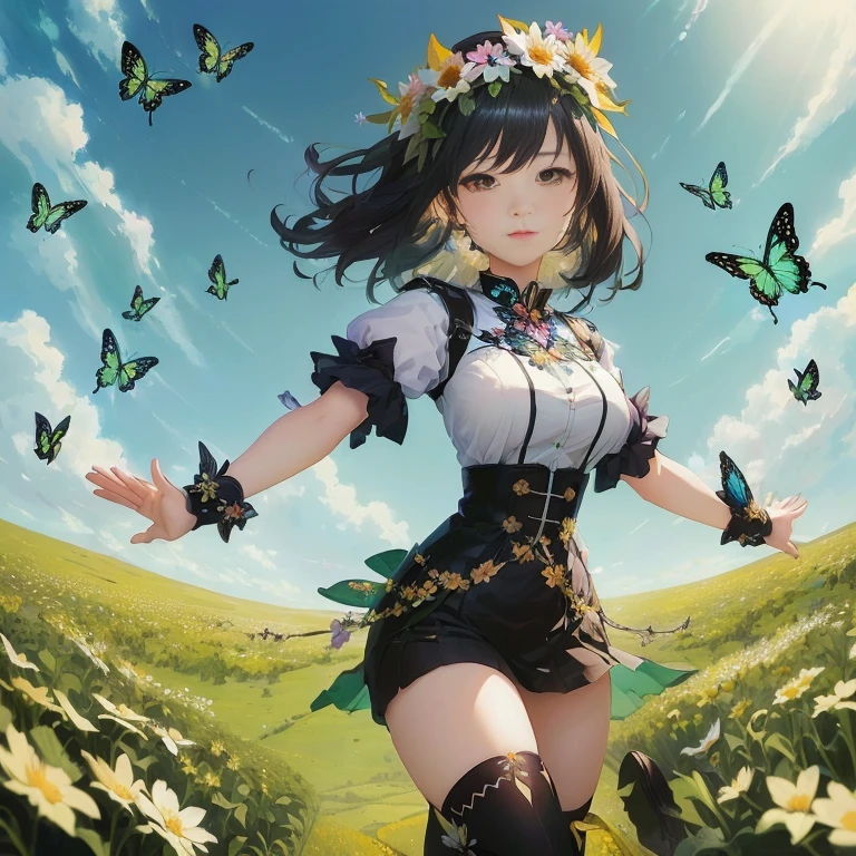 anime girl in a field of flowers with butterflies flying around her, official artwork, official art, high detailed official artwork, official anime artwork, guweiz on pixiv artstation, the non-binary deity of spring, insect trainer girl, in a field of flowers, beautiful sunflower anime girl, guweiz on artstation pixiv, official illustration
