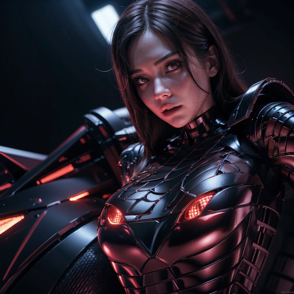 A seductive voluptuous female killer cyborg woman with shoulder length dark hair, glowing red bionic eyes, wearing powered armor, holding a heavy weapon, advanced robot, techno organic, cyberpunk, intricate, highly detailed, cinematic lighting, dramatic pose, photorealistic, 8k, hyper detailed