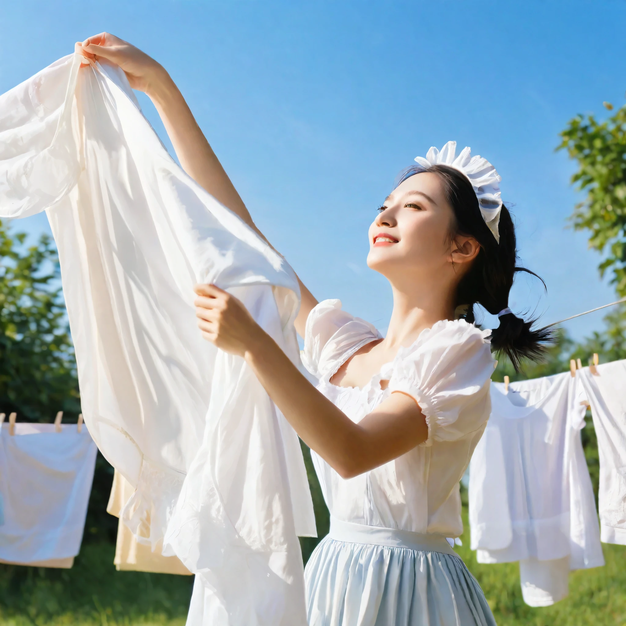 masterpiece, best quality, woman drying her laundry Maid Outfit on a sunny day, the scene swaying in the gentle breeze,