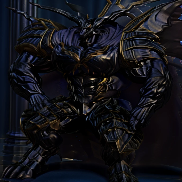 demon lord dragon batzz, (masterpiece, best quality, detailed:1.2) full body, detailed full body, a knight's mechanical armor, glowing wide and heavy armor, wears full body armor. massive muscles, huge pecs, chiseled abs, huge pectorals, exaggeratedly huge muscles. wearing a cloak. unusually developed muscular body big muscle, pecs, triceps, traps, waist narrow, unusually developed muscular body, The claws are sharp, Sharp teeth, Spread wings, It has wings. have big wings, FULL BODY, giant, huge body, long legs, sitting on the throne,