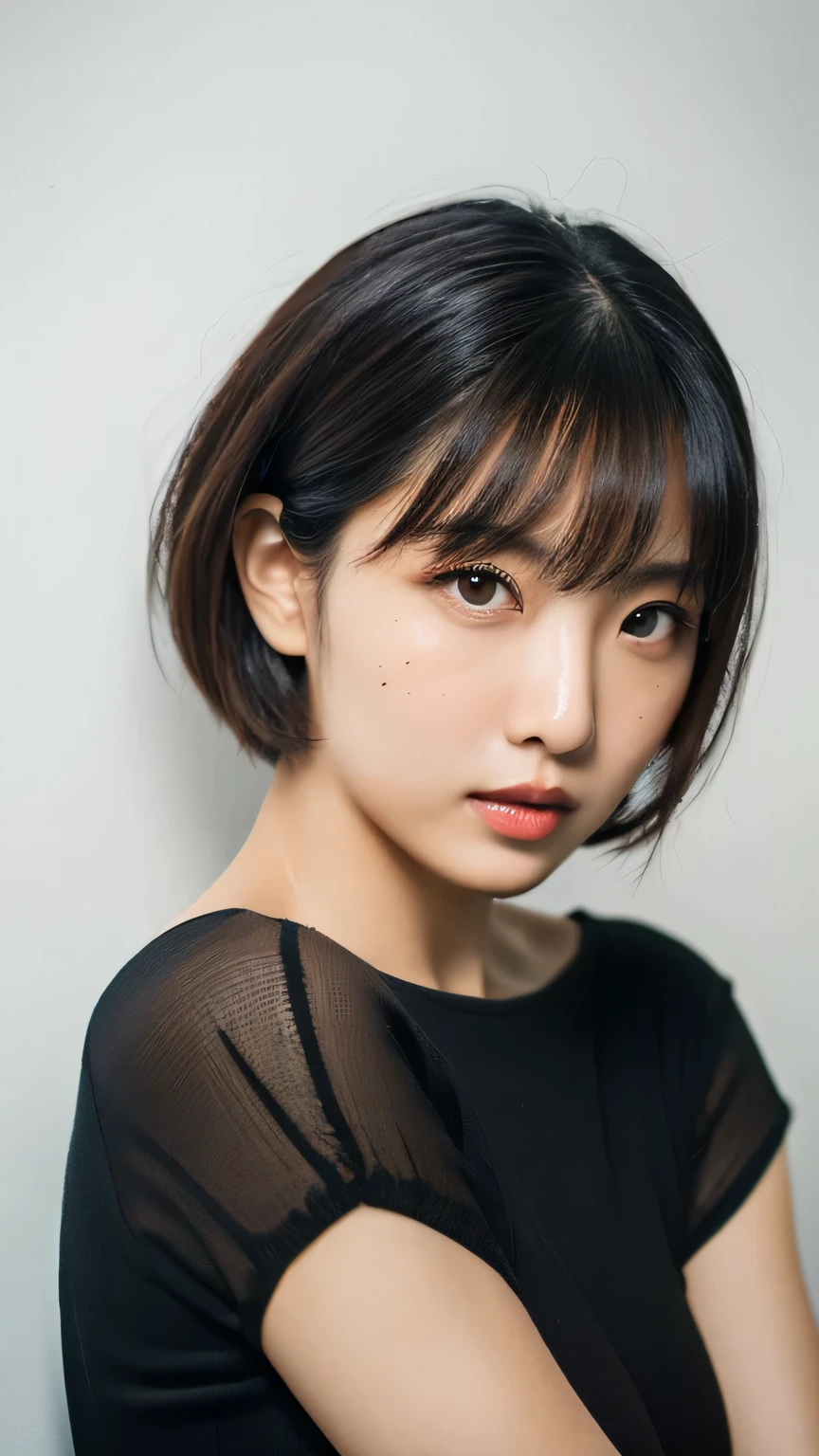 ((Tabletop,highest quality)), (Like the picture:1.4),(((Tabletop,8k)),White wall,(White Room),((Full body photo))),Photographed in natural light,Highly detailed face and skin texture,Highly detailed lips,The correct state of the human body,Ultra-high resolution,(Realistic:1.4),highest quality, 1. Beautiful woman, 20-year-old, S, 60mm lens, Lightweight knit fabric,(Pixie Hair),Japanese women,(Black Hair),Various poses,Looking into the camera,Natural lip color,Professional Lighting,Mole,Small breasts,