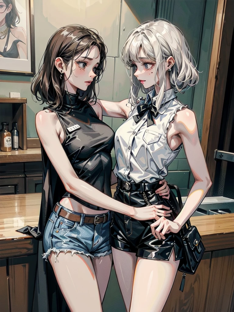 whole body, yuri, 2 girls, cowgirl outfit, holster, sleeveless, shorts, absurdres, extremely delicate and beautiful, Best Quality, pale skin, 20 years old, tearful mole, earring, short medium hair, wavy hair,