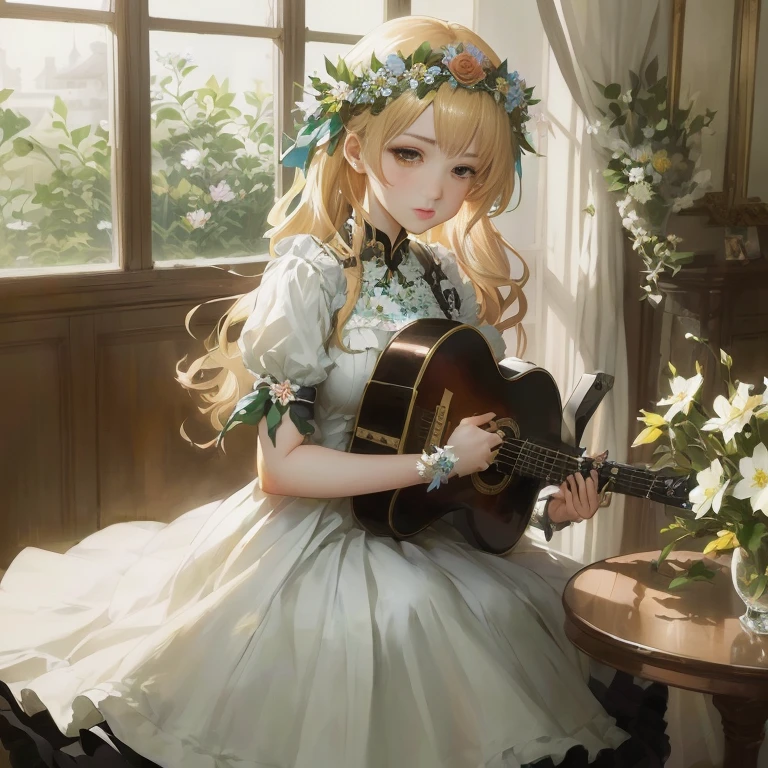 anime girl with guitar in a room with flowers and a window, in dress, portrait of ta, splash art anime , guweiz on pixiv artstation, guweiz, guweiz masterpiece, marin kitagawa fanart, loli, rin, artwork in the style of guweiz