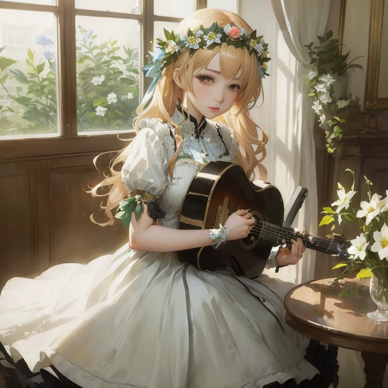 anime girl with guitar in a room with flowers and a window,  in dress, portrait of lolita, splash art anime , guweiz on pixiv artstation, guweiz, guweiz masterpiece, marin kitagawa fanart, lolish, , rin, artwork in the style of guweiz