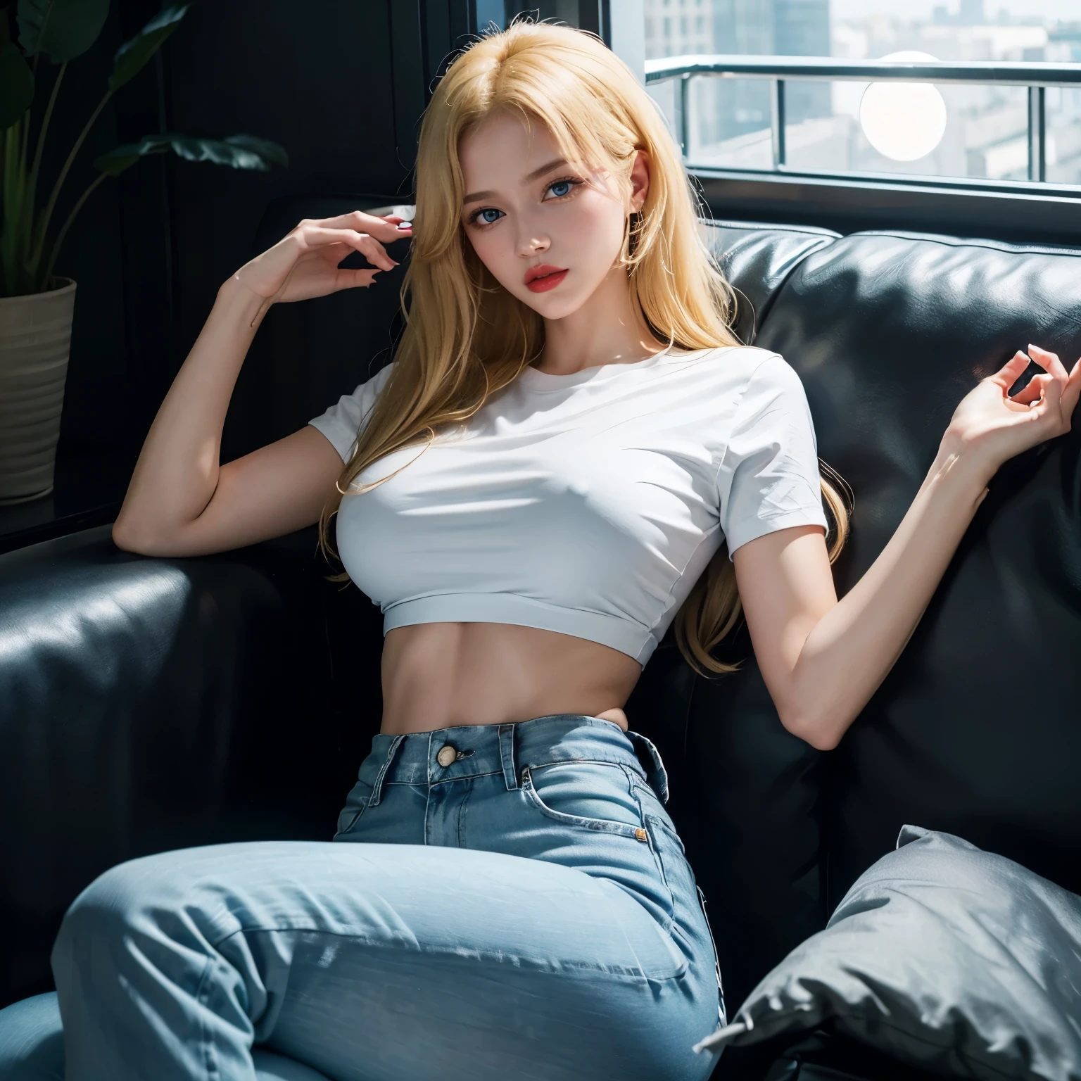 1girl, (Blue Eyes), (seductive face :1.2), (Sana Minatozaki), (beautiful makeup :1.2), (fitness body :1.2), (wide hips :1.2), ((big tits :1.1)), (big ass), (thin waist :1.2), (toned thighs), (Best Quality, 8k, Masterpiece: 1.3), Clear Focus: 1.2, Perfect Body Beauty: 1.4, strong abs, Highly detailed face and skin texture, detailed eyes, double eyelids, (shiny skin), red lips, (blonde long hair :1.2), (white t-shirt), (high waist jeans), lies on a couch on a terrace, pillows, midnight, laying on the side, full moon,