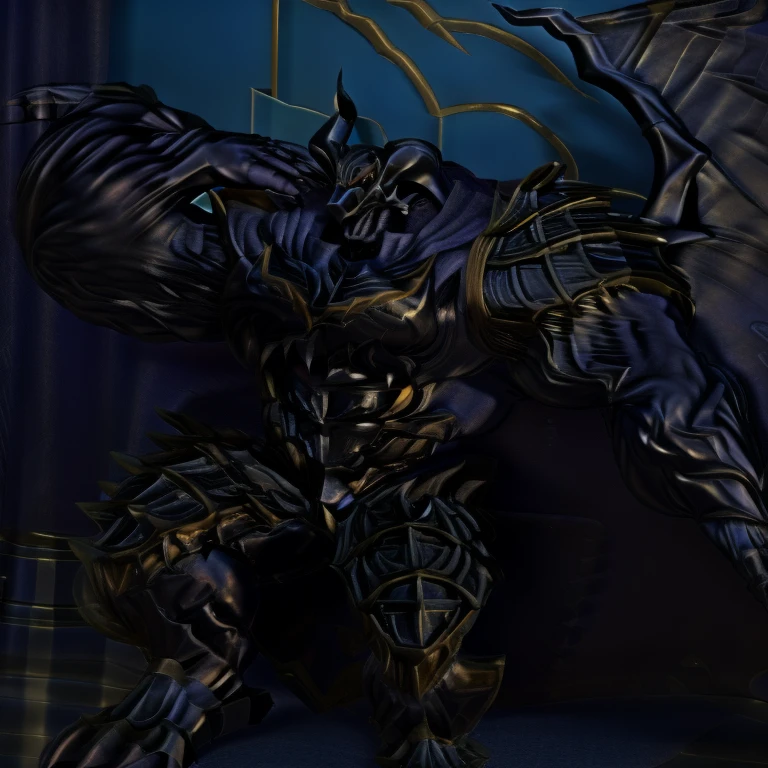 demon lord dragon batzz, (masterpiece, best quality, detailed:1.2) full body, detailed full body, a knight's mechanical armor, glowing wide and heavy armor, wears full body armor. massive muscles, huge pecs, chiseled abs, huge pectorals, exaggeratedly huge muscles. wearing a cloak. unusually developed muscular body big muscle, pecs, triceps, traps, waist narrow, unusually developed muscular body, The claws are sharp, Sharp teeth, Spread wings, It has wings. have big wings, FULL BODY, giant, huge body, long legs, sitting on the throne,
