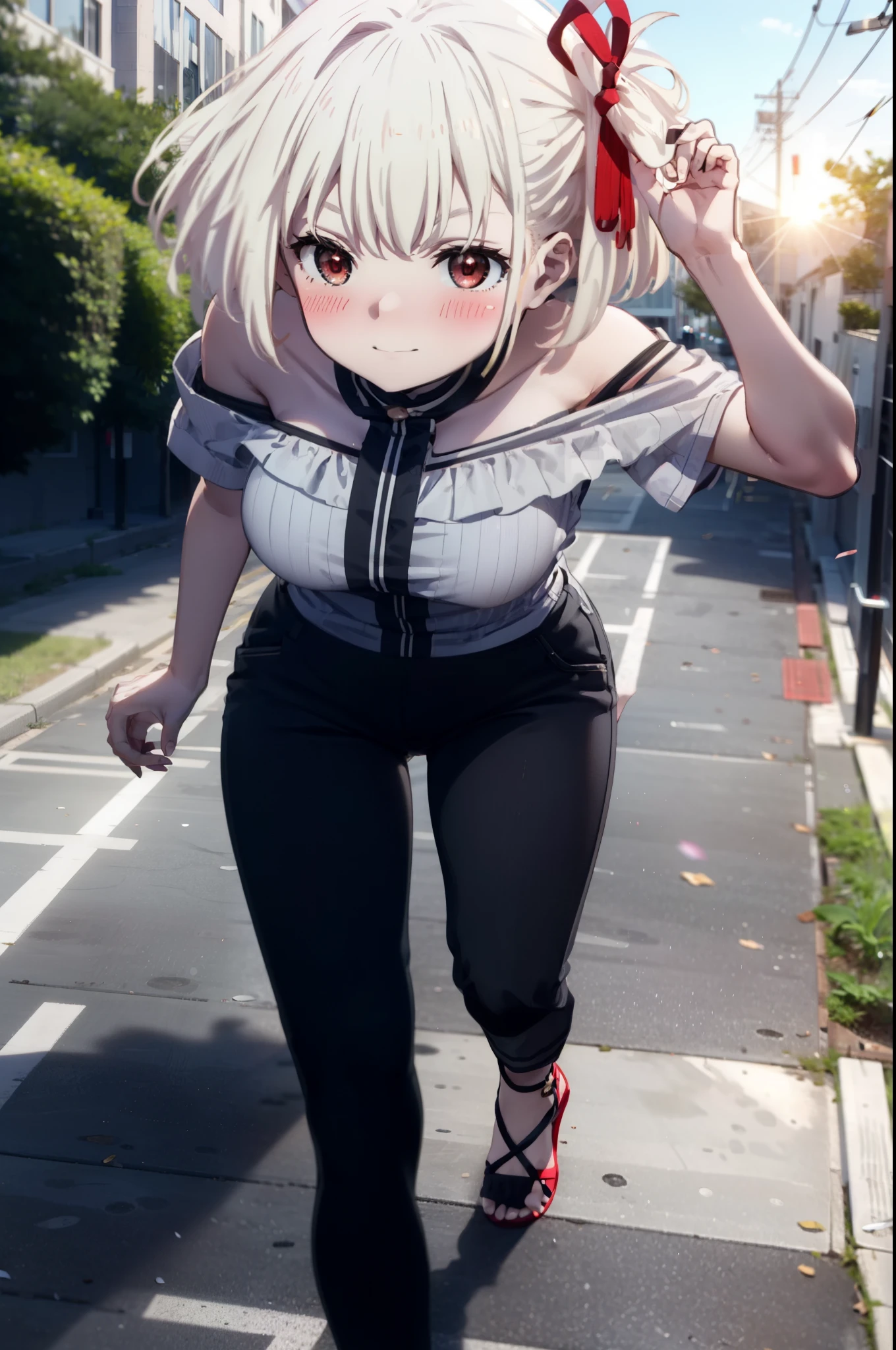 chisatonishikigi, Chisato Nishikigi, short hair, bangs, Blonde Hair, (Red eyes:1.5), hair ribbon, One side up, Bobcut,smile,blush,
Cord off-shoulder top,Short sleeve,skinny pants,Stiletto heels,morning,morning陽,The sun is rising,The whole body of the person walking is included in the illustration.,morning,morning陽,The sun is rising,
Destroy outdoors, School,School building,
壊す looking at viewer, Systemic
break (masterpiece:1.2), highest quality, High resolution, unity 8k wallpaper, (figure:0.8), (Beautiful fine details:1.6), Highly detailed face, Perfect lighting, Highly detailed CG, (Perfect hands, Perfect Anatomy),