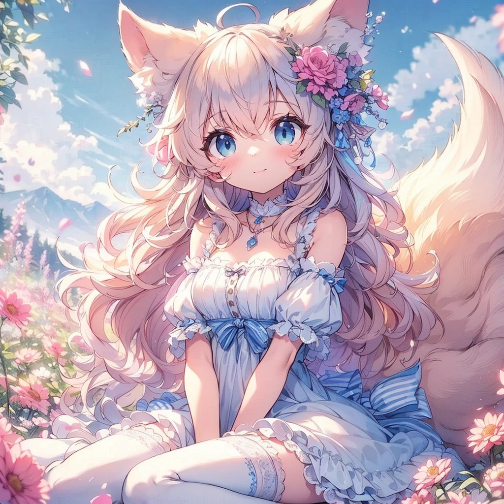 　(Exquisite, beautiful, Very detailed, masterpiece, high quality,High resolution),(Well-formed face,Soft and thin lines: 1.2, Beautiful and delicate illustrations with a mature and transparent feel),Beautiful flowers々Petals fluttering,A very small girl with fluffy, soft cat ears and a thin, long, flexible cat tail is meowing sweetly.,She is wearing off-the-shoulder, fluffy, soft clothes with lace, frills, and ribbons, and knee-high socks.,(Short eyebrows and pale pink blush, Plump pink lips,A small nose, a cat-like mouth with sharp Japanese fangs visible when smiling, and cat-like eyes.,She has a fairly large bust, an open chest, fair skin, a nice body, and a long, slender cat&#39;s tail.,),Dynamic angles with vibrant colors and striking colors,The American shorthair has a fluffy, soft coat., Meow!
